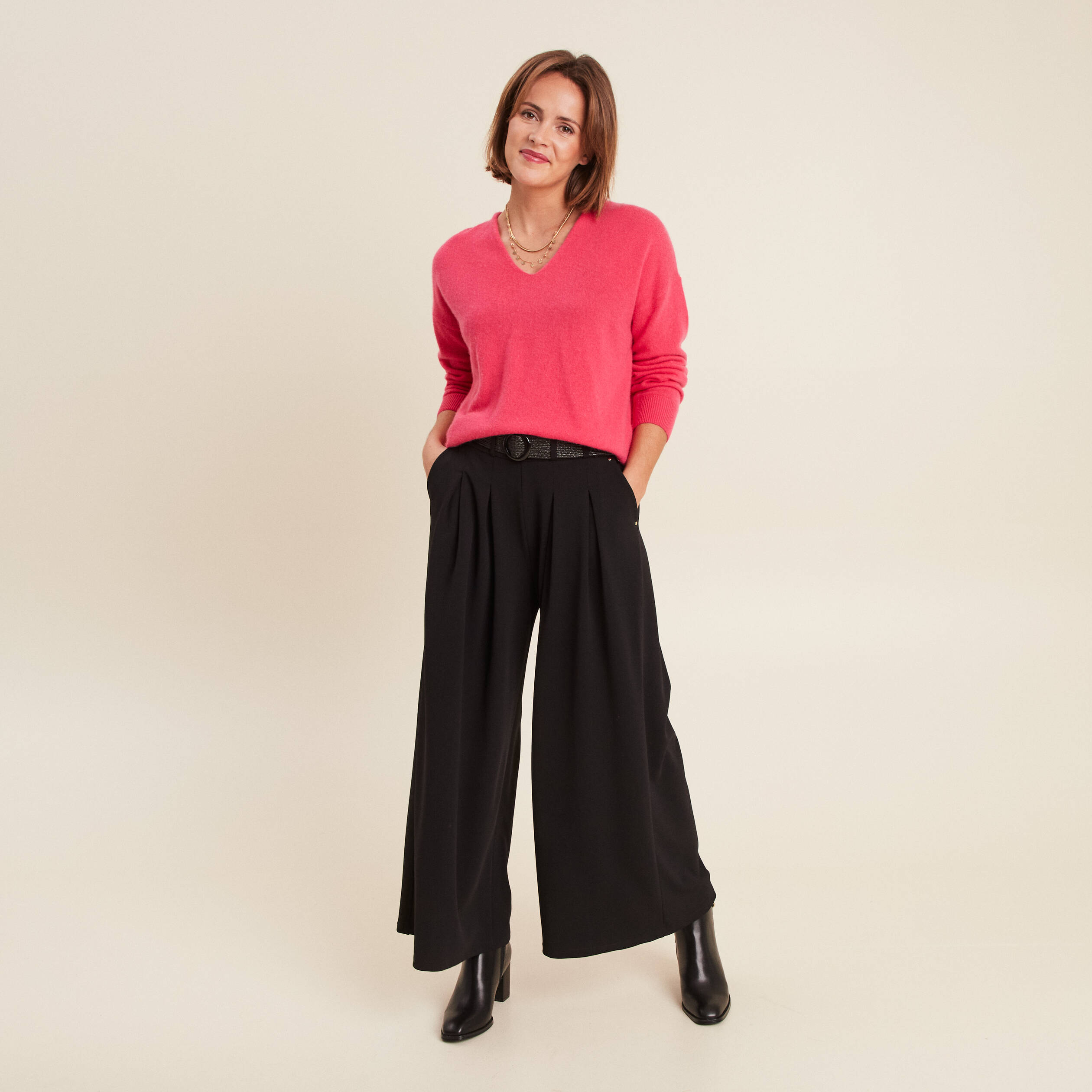 Pull en cachemire manches longues rose framboise femme