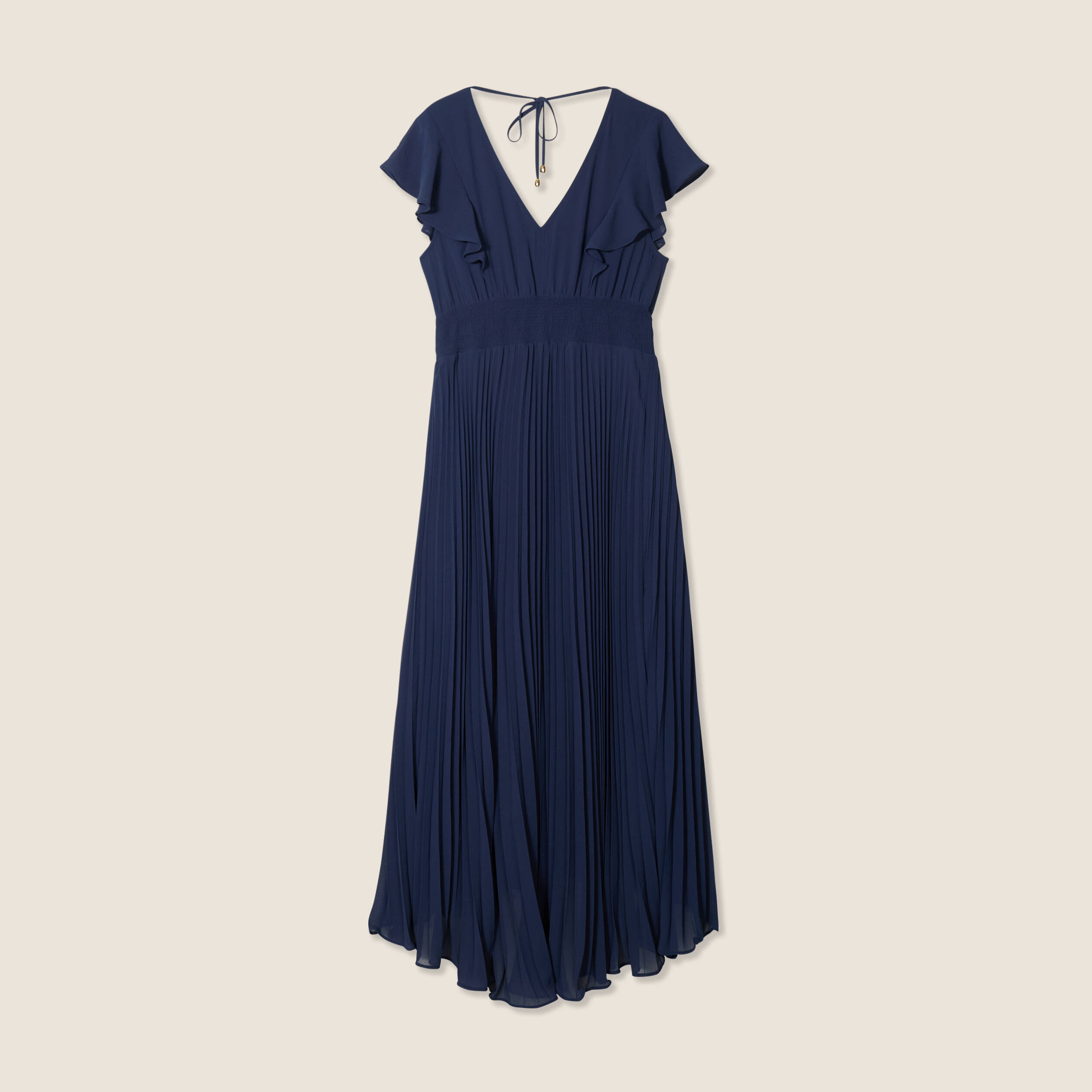 Robe longue &eacute;vas&eacute;e &agrave; volants bleu marine femme