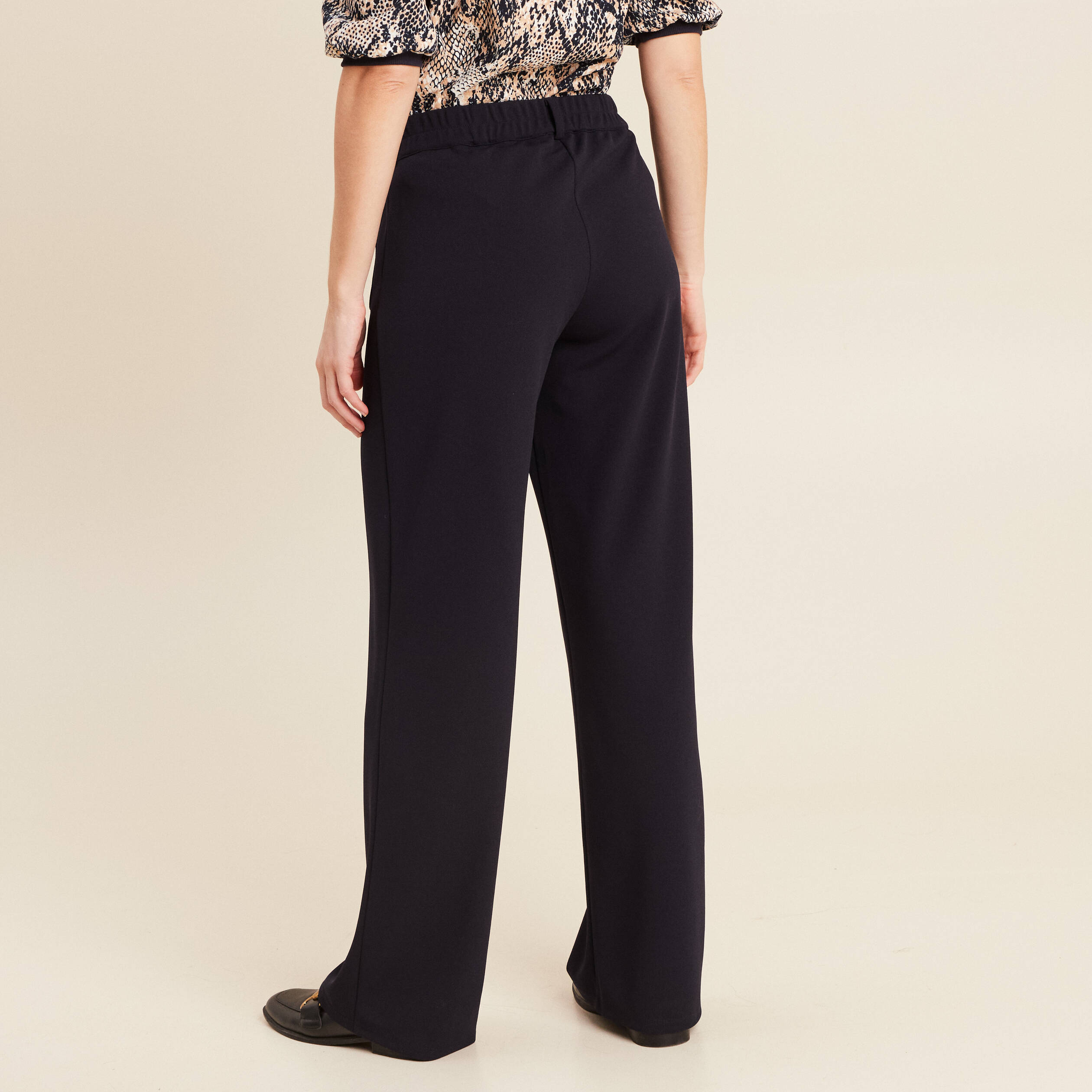 Pantalon coupe droite taille haute bleu fonc&eacute; femme