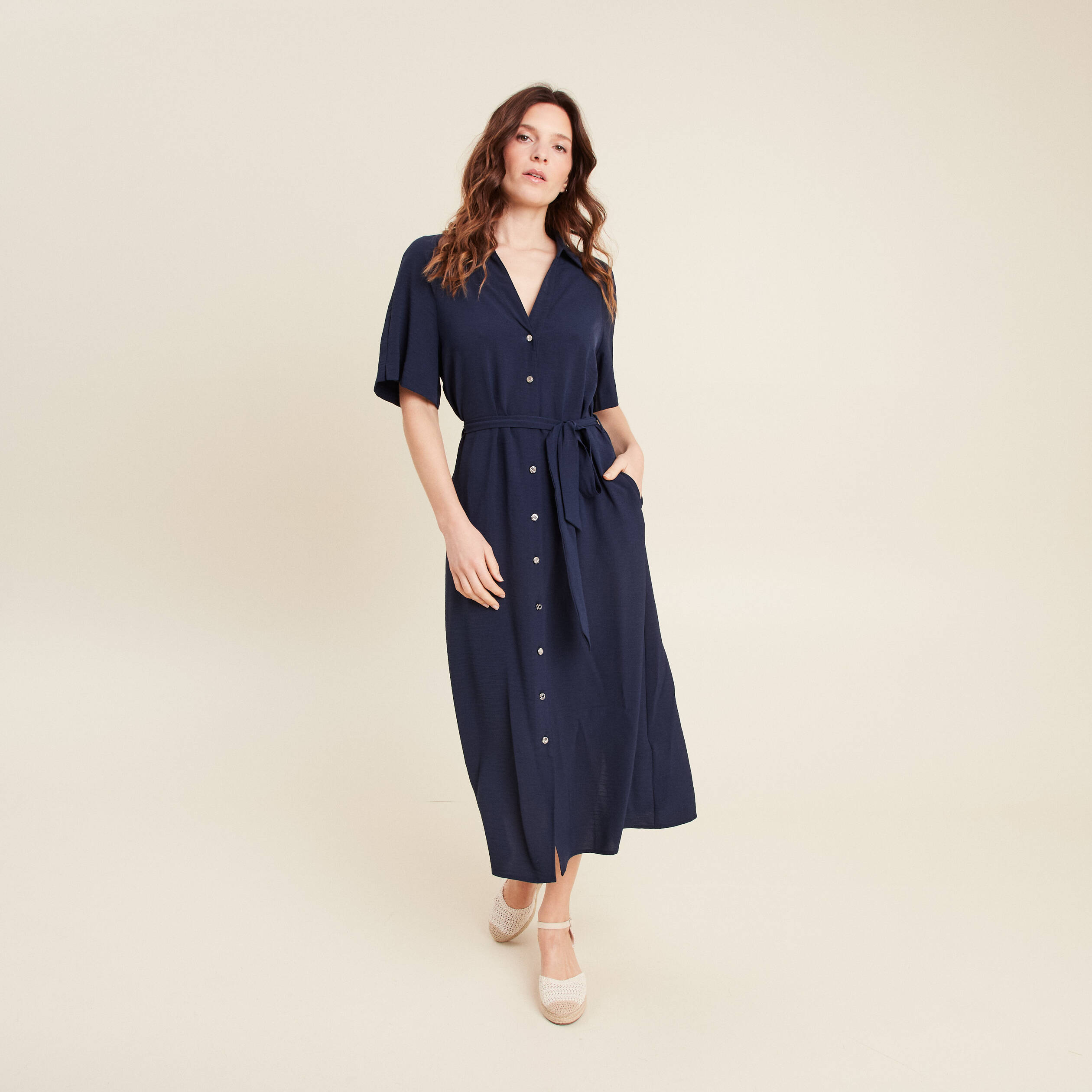 Robe évasée col chemise bleu marine femme