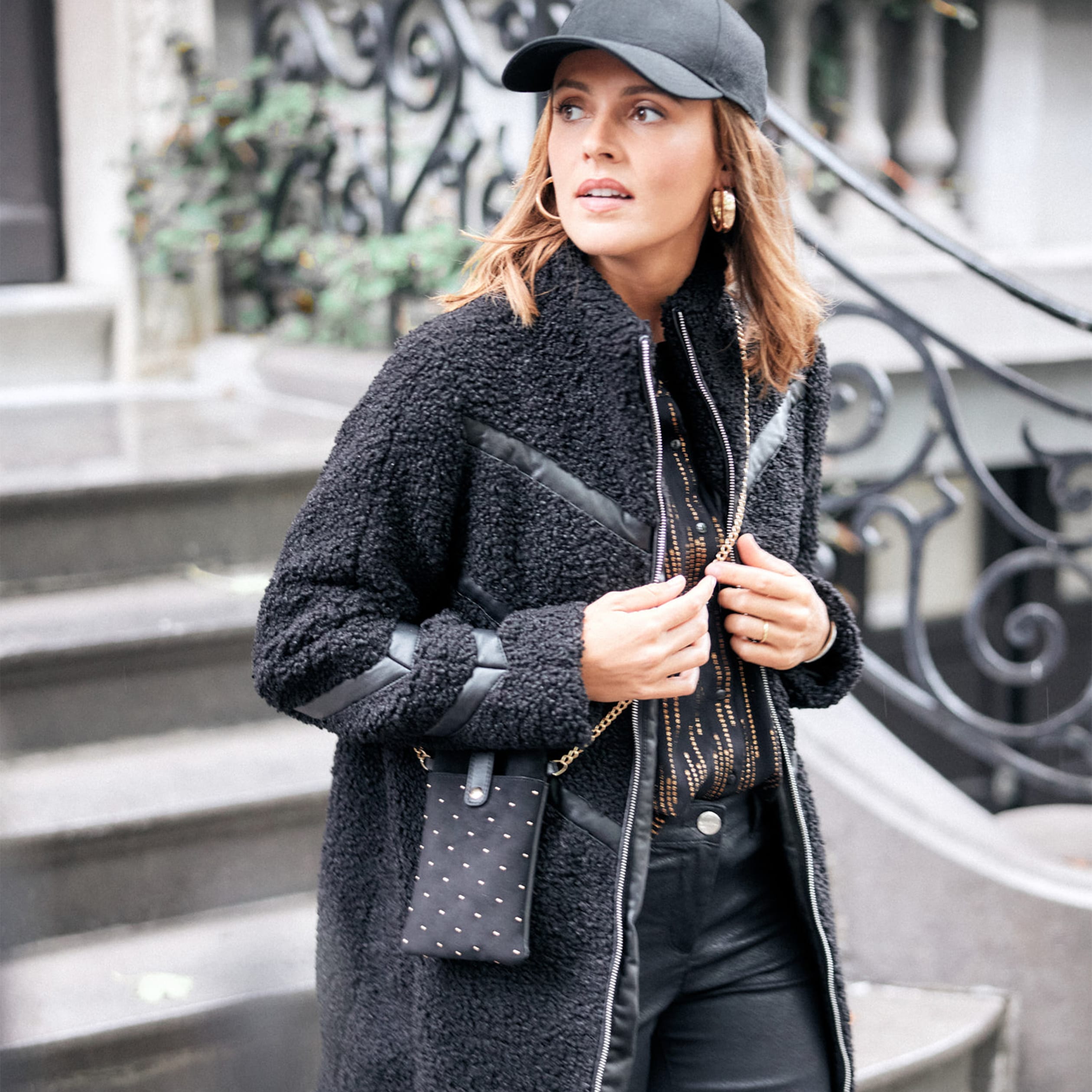 Manteau droit laine mouton noir femme Bréal