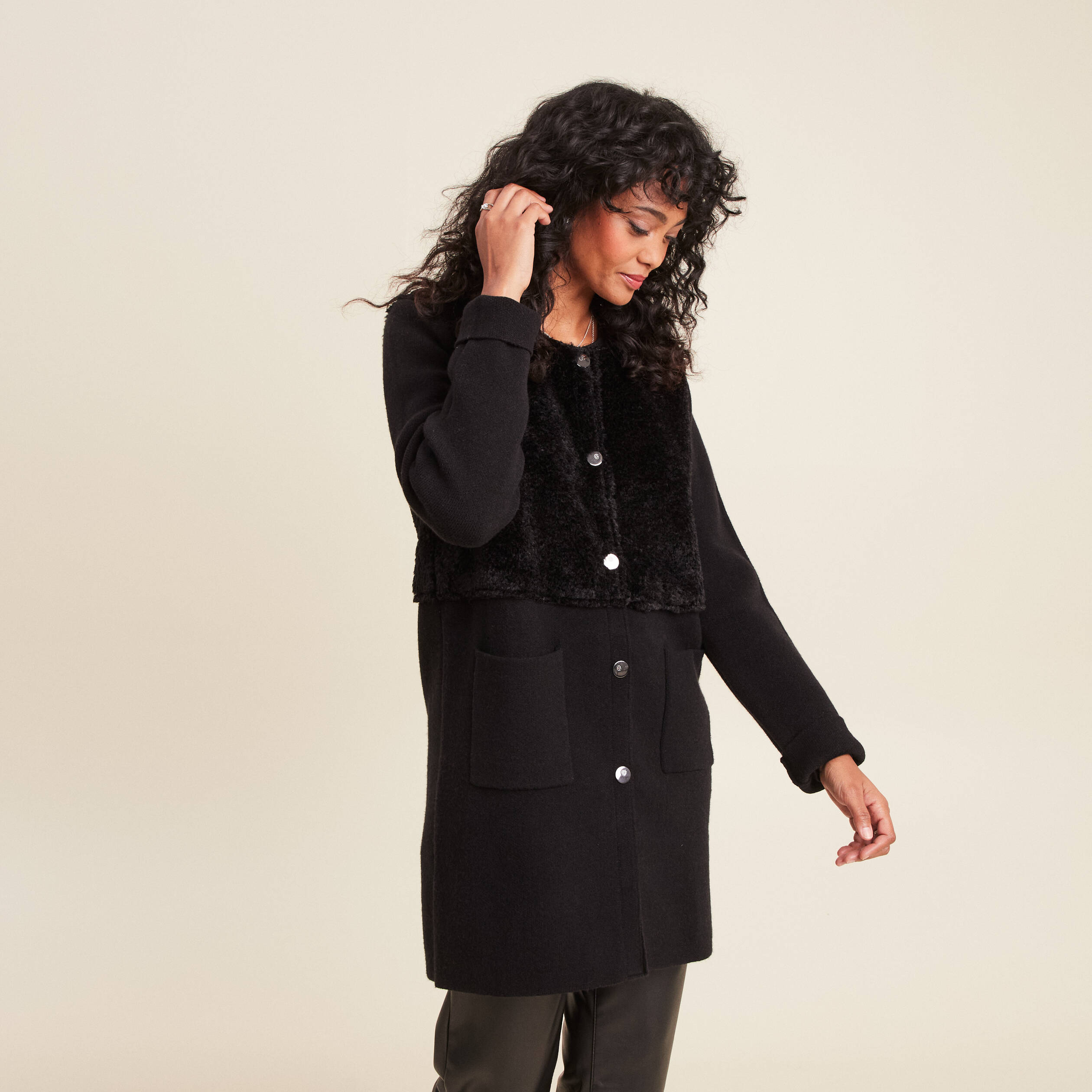 Veste droite buste bouclette noir femme