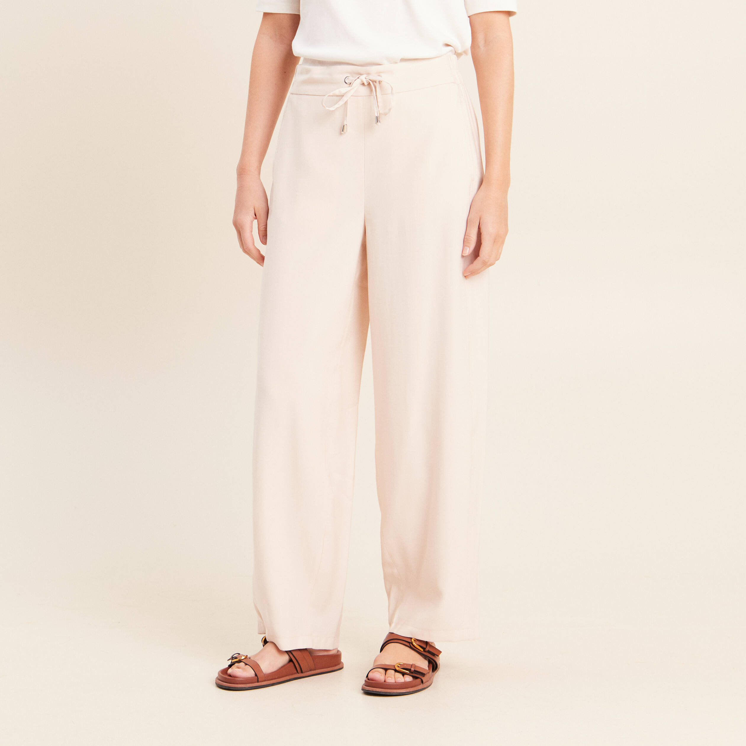Pantalon large taille haute creme femme