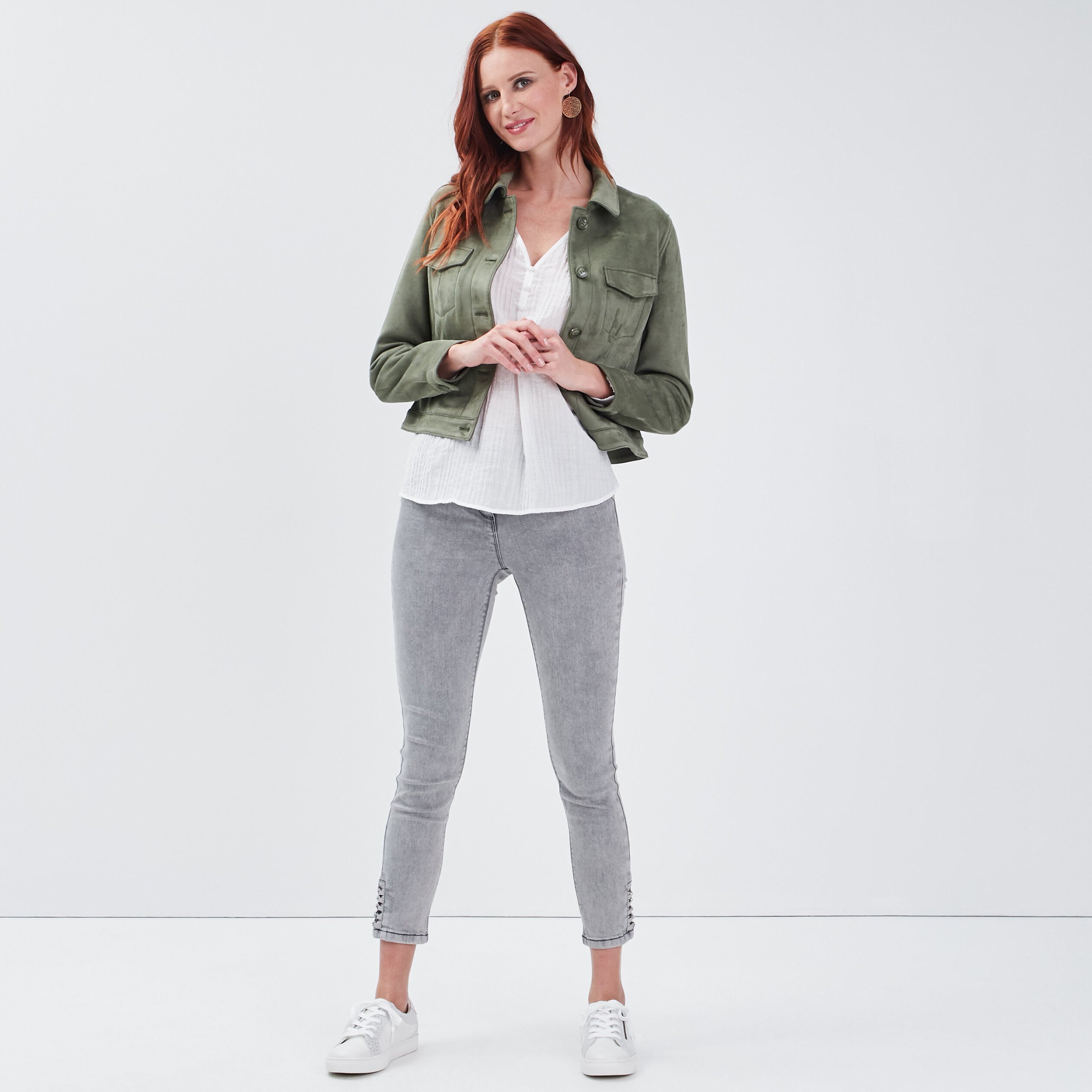 blouson droit effet suedine vert kaki femme Blouson droit effet suédine vert kaki femme