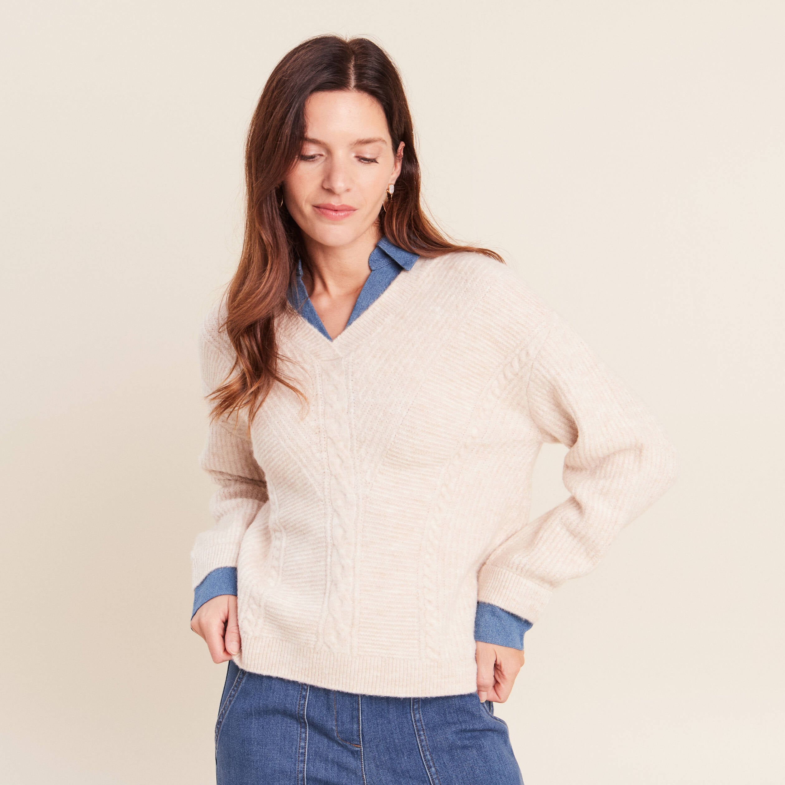 Pull bi-mati&egrave;re col chemise ecru femme