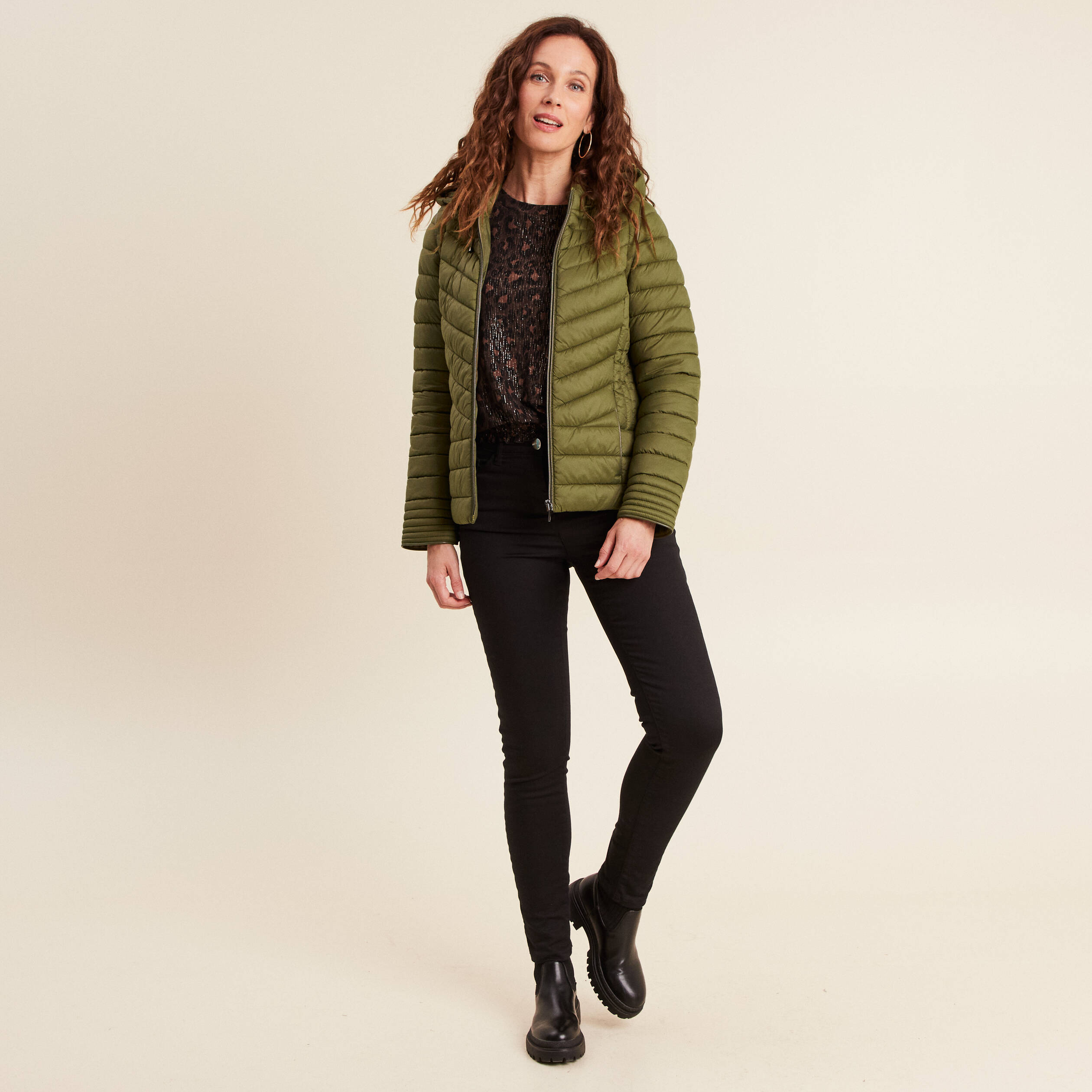 Doudoune d&eacute;perlante manches amovibles vert kaki femme
