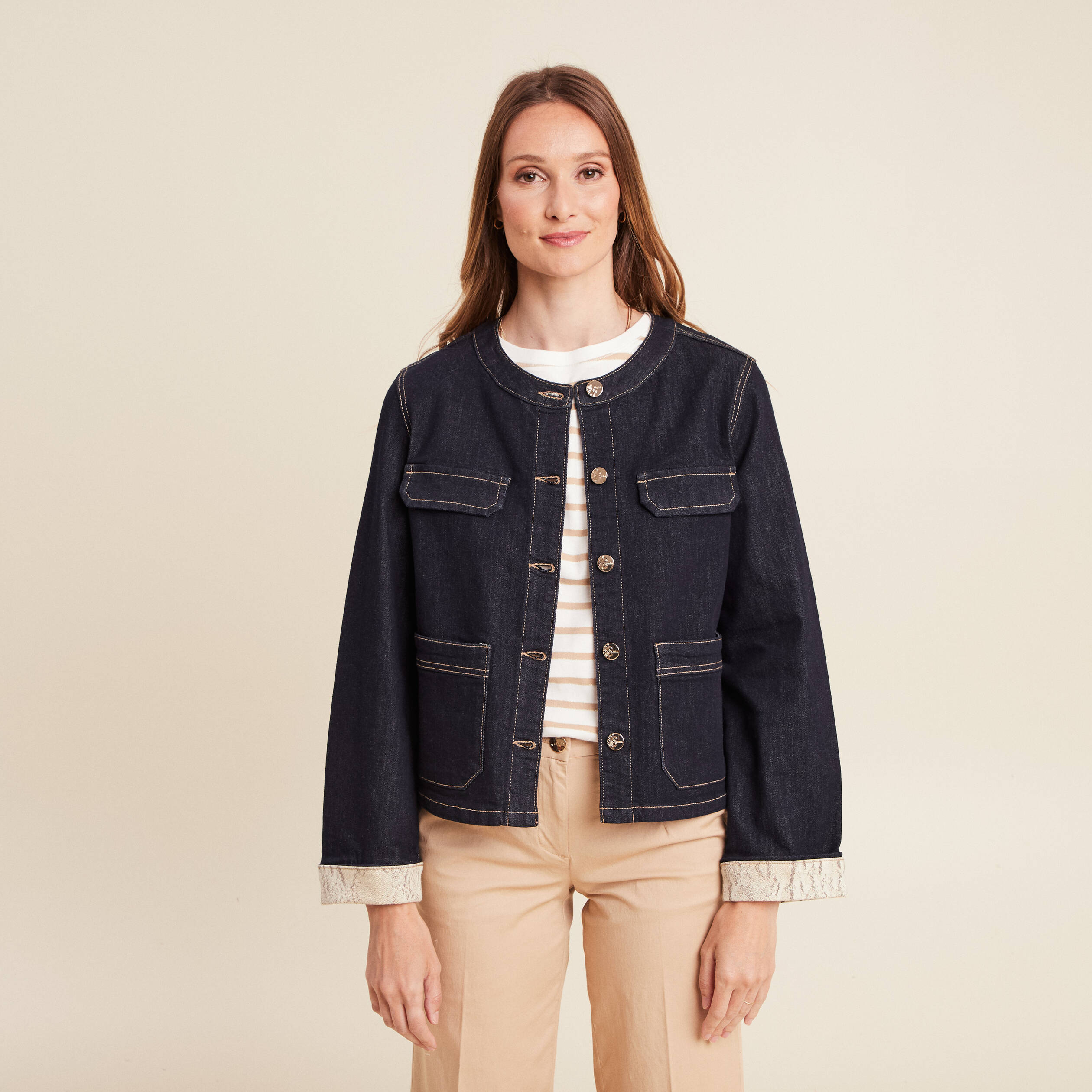 veste sans col denim brut femme Veste sans col denim brut femme