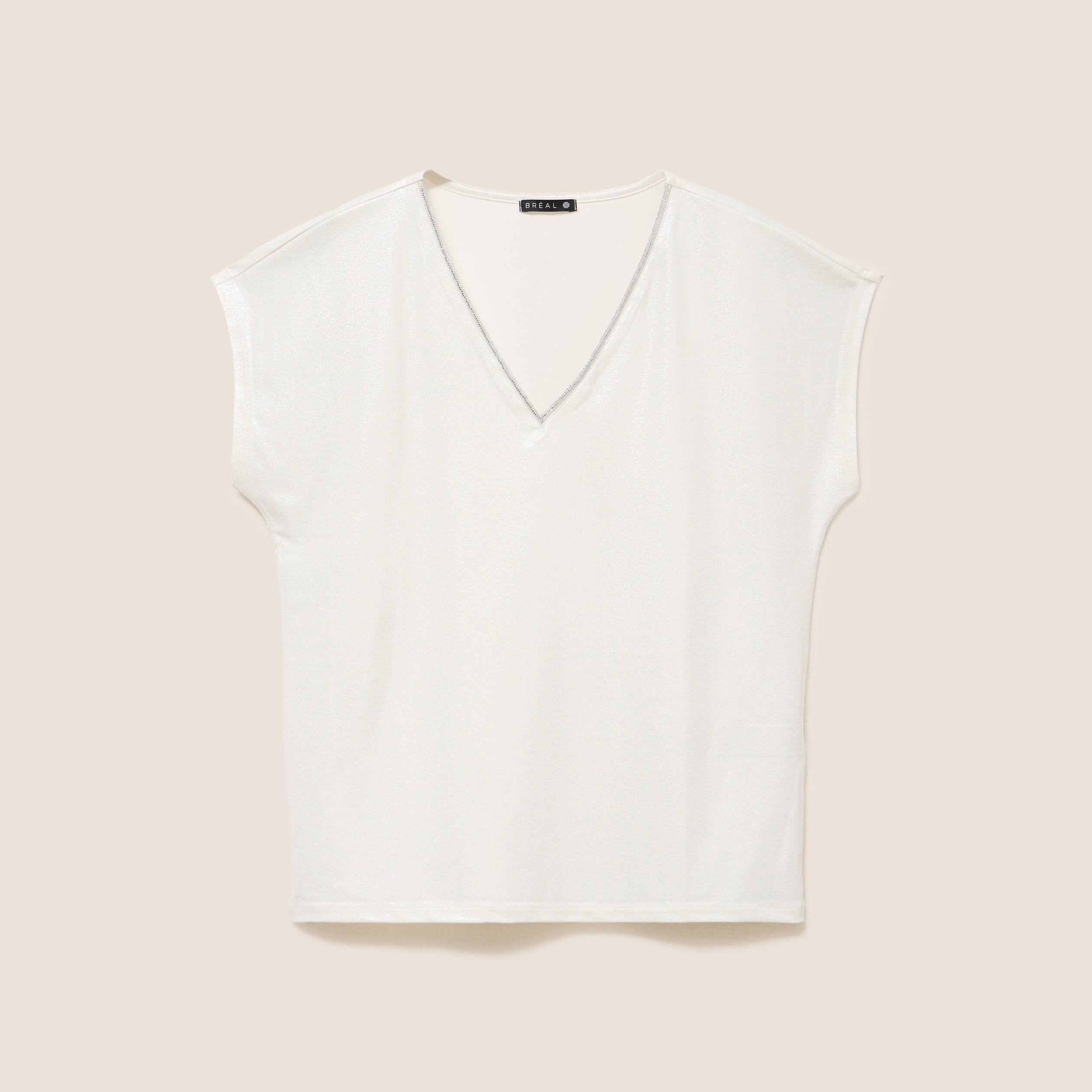 T-shirt col V manches courtes ecru femme