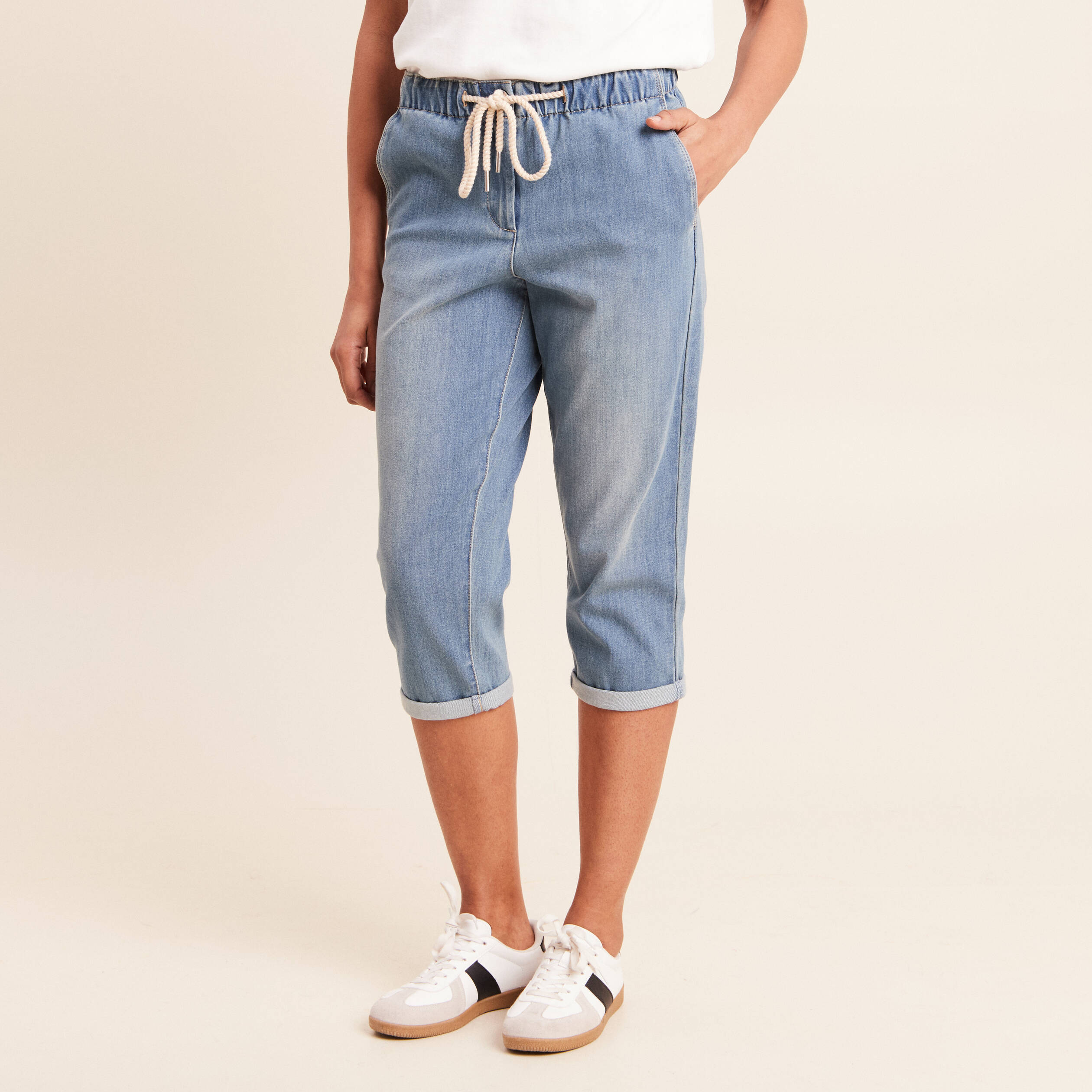 Pantacourt coupe mom denim double stone femme
