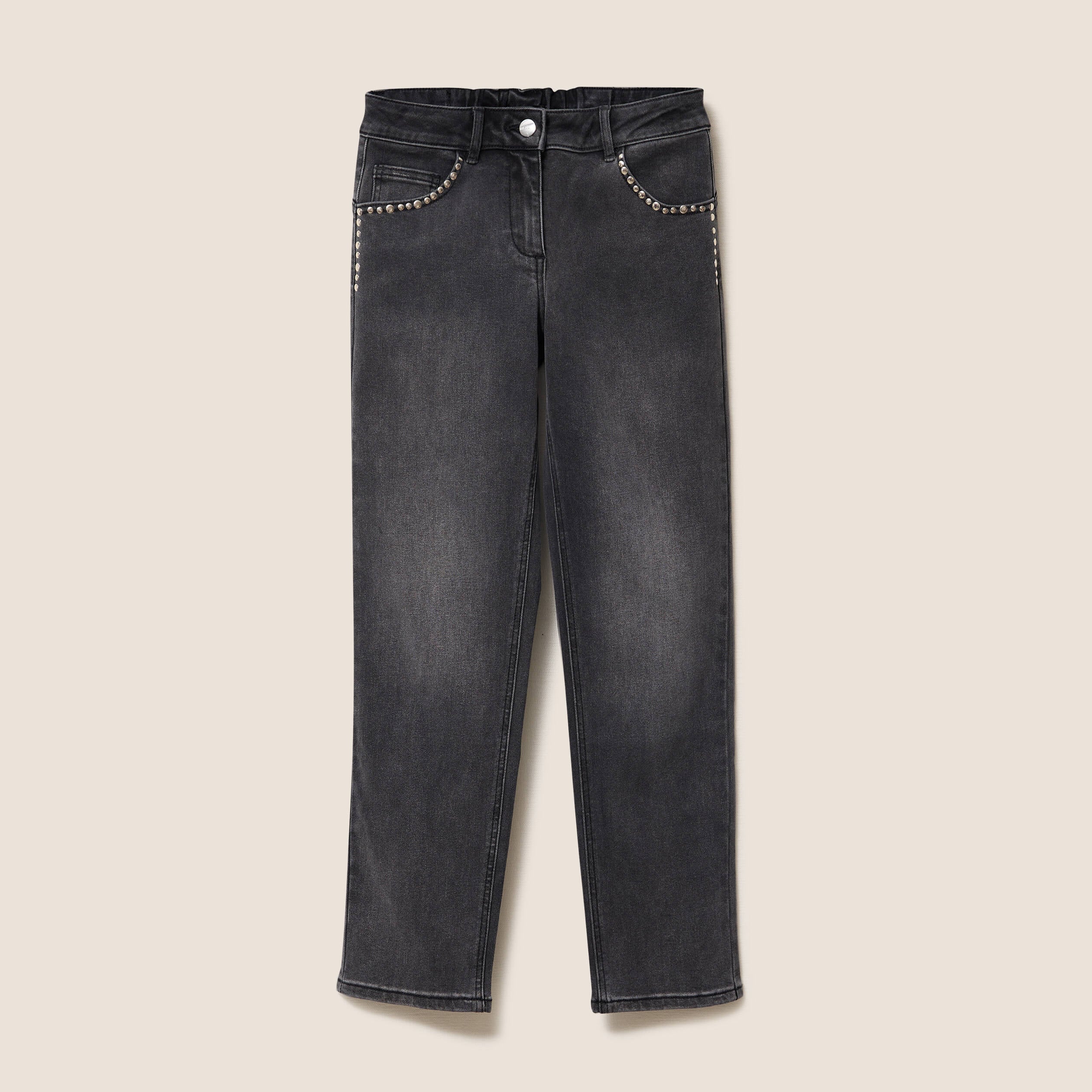 Jean droit 7/8&egrave;me taille bascul&eacute;e denim gris femme