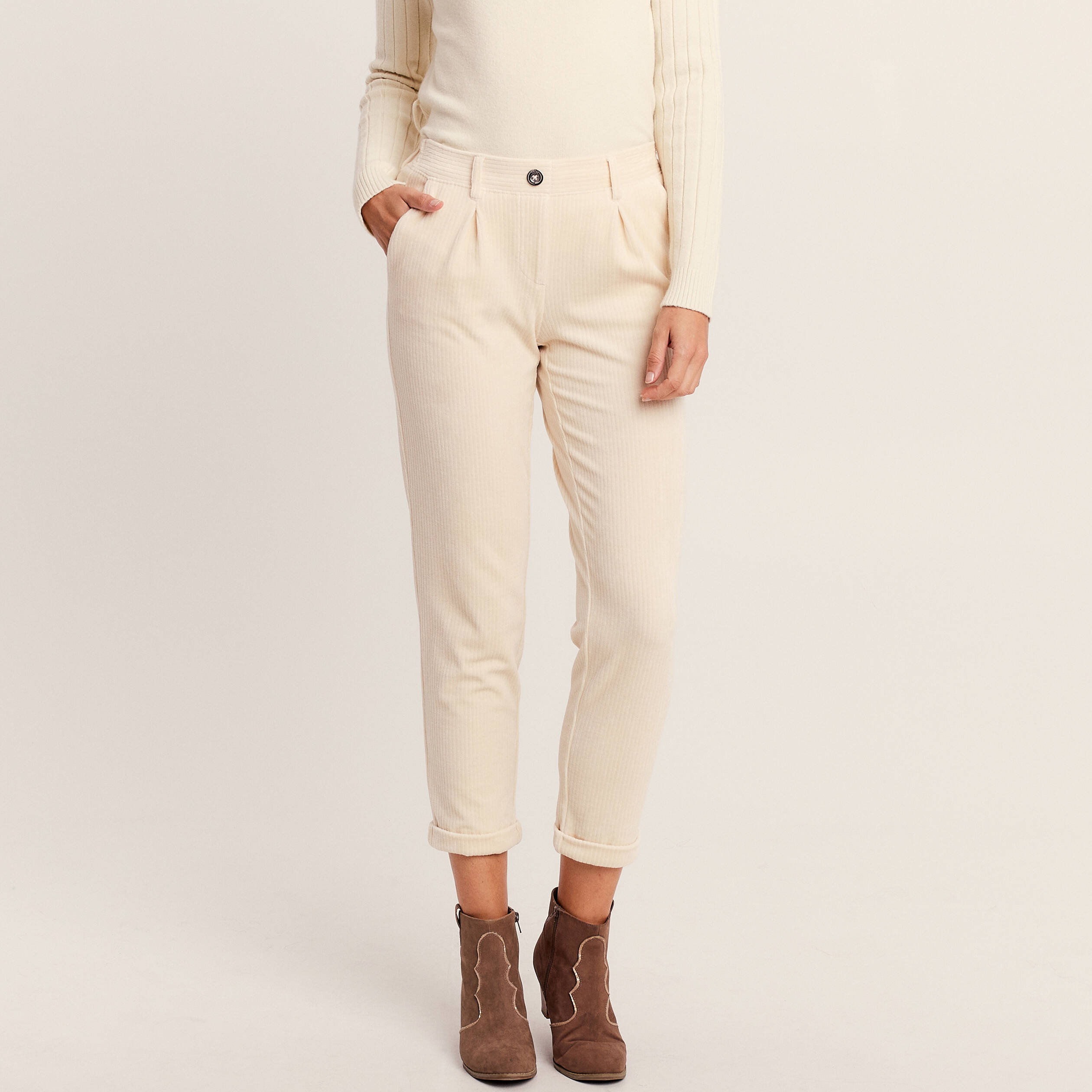 Pantalon chino flou velours ivoire femme