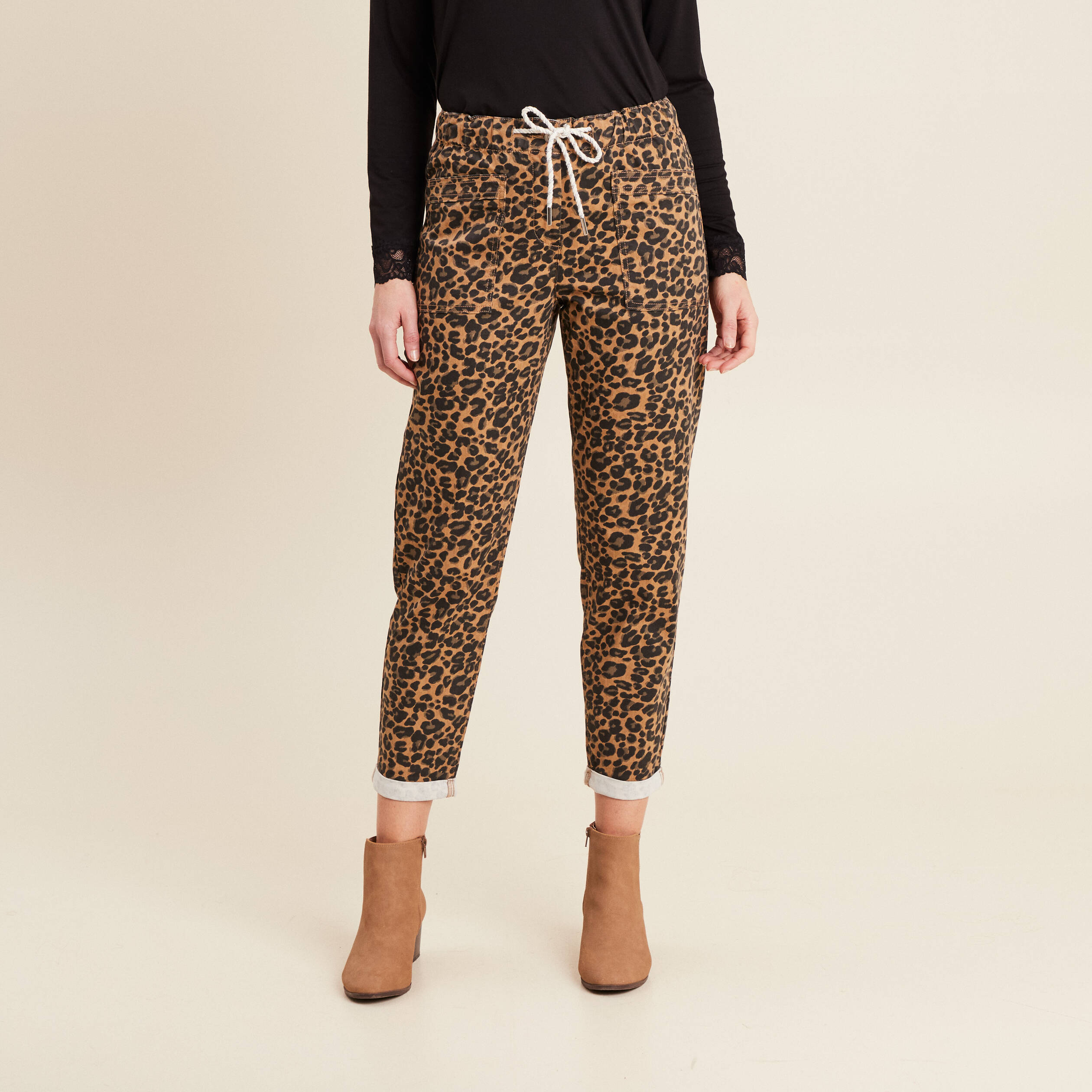 Pantalon paperbag 7/8ème marron femme