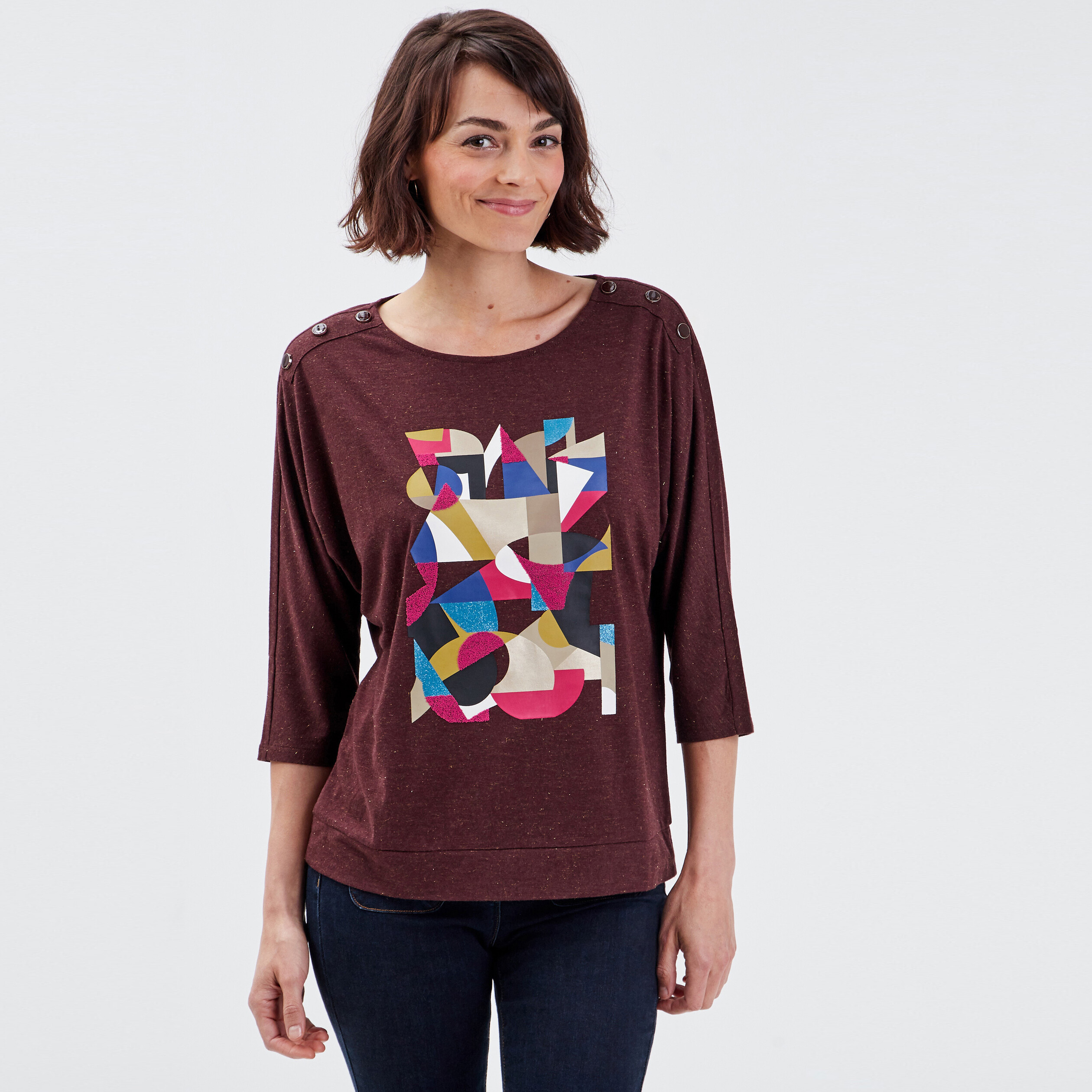T-shirt manches 3/4 marron femme