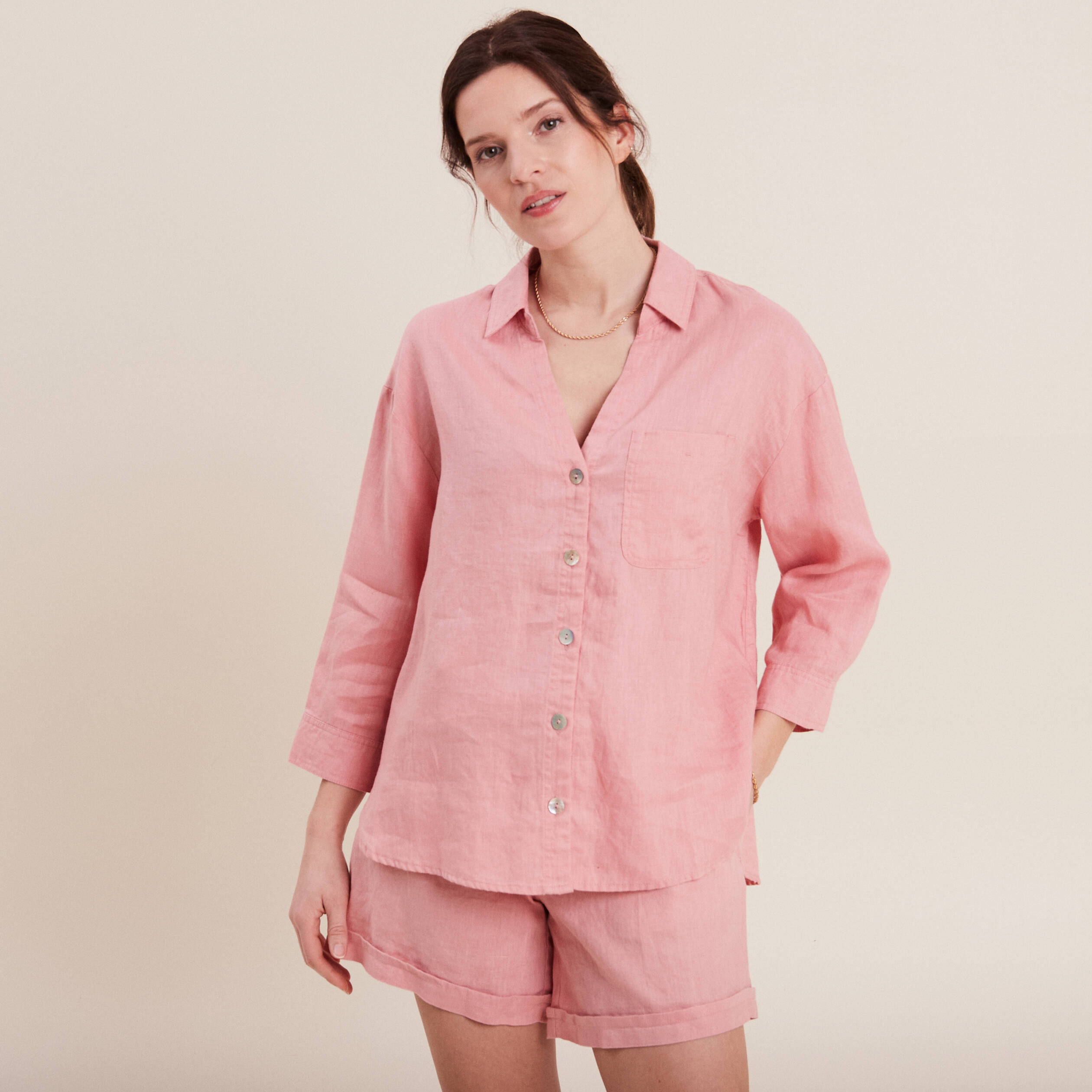 Chemise manches 3/4 vieux rose femme