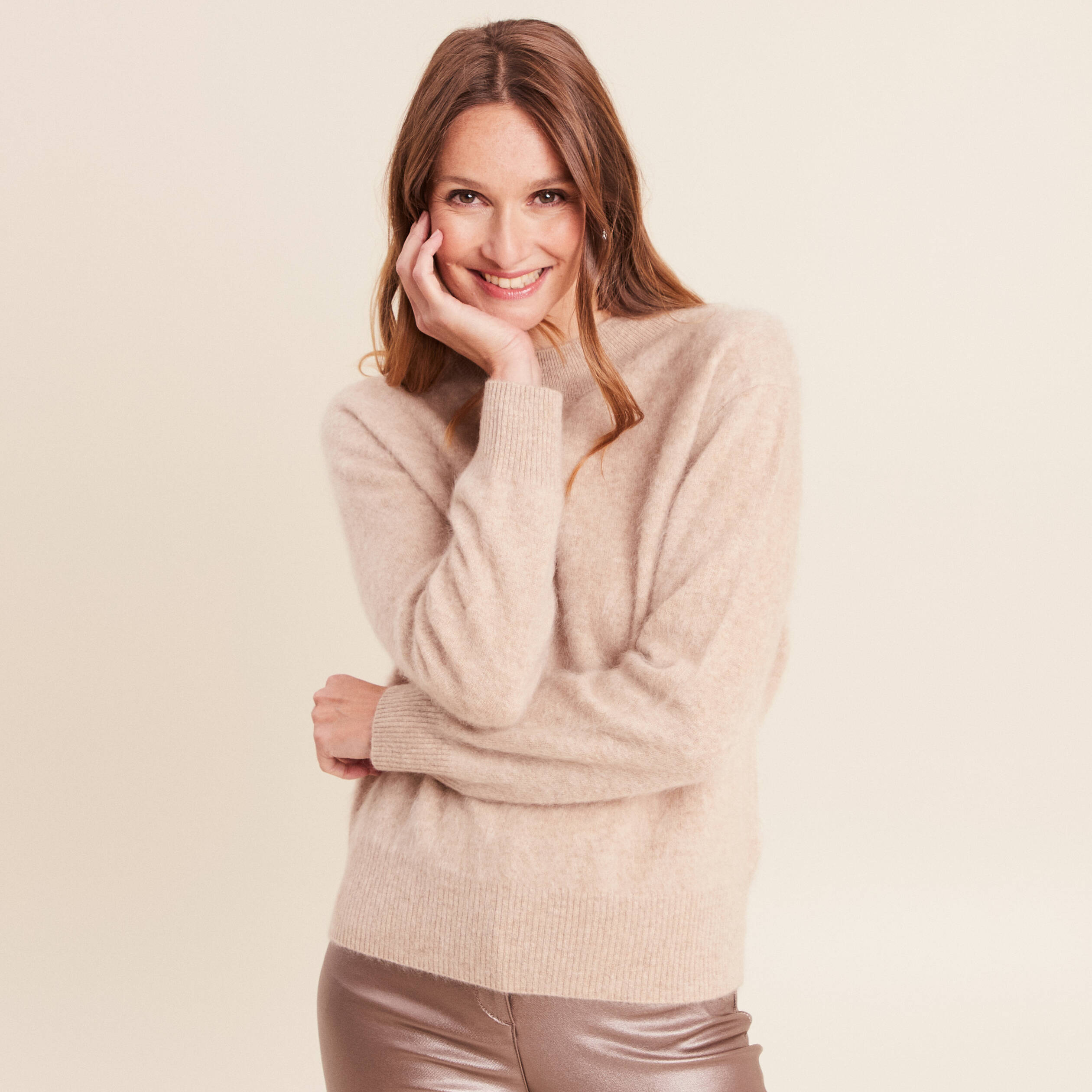 Pull cachemire col montant sable femme