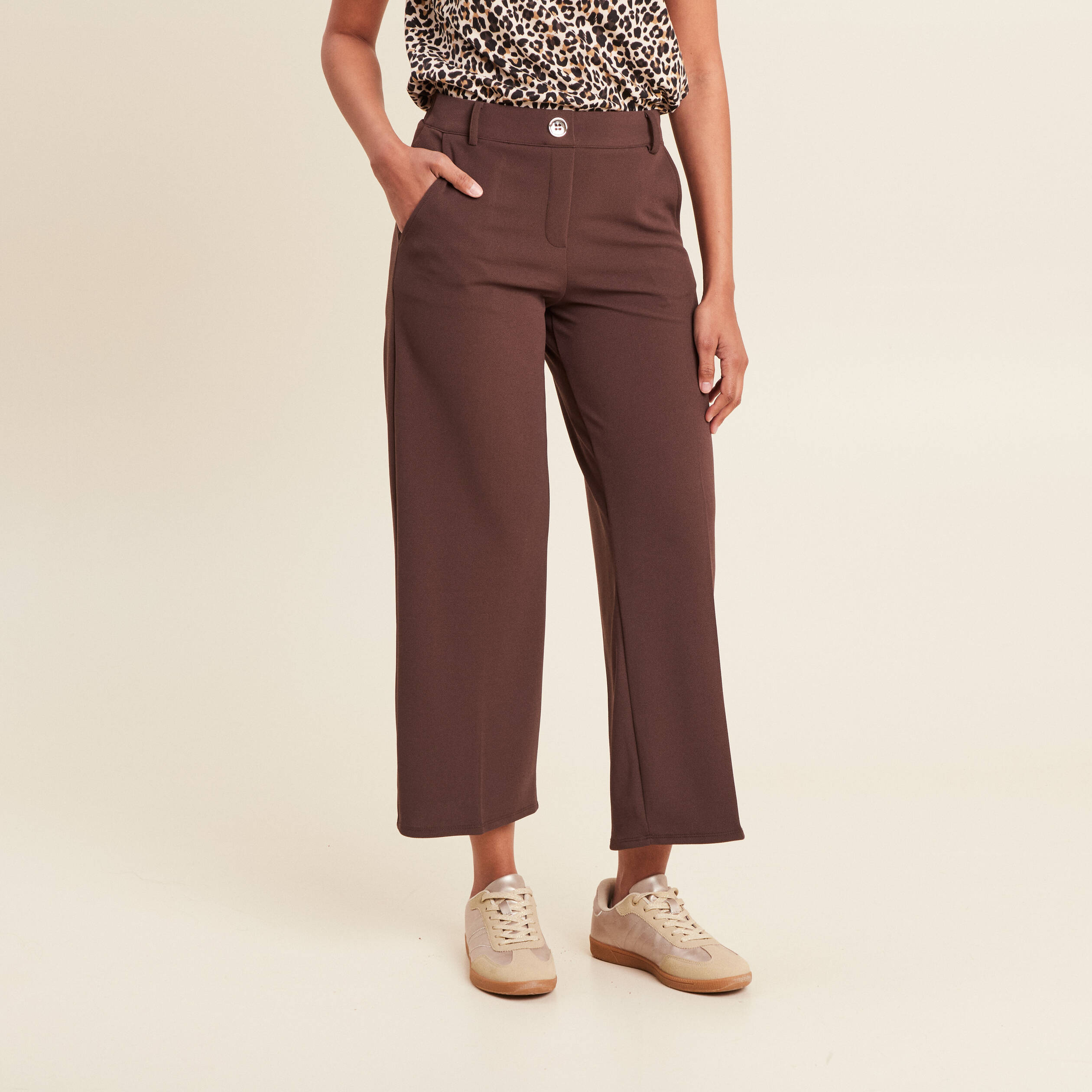 Pantalon large pinces marron femme