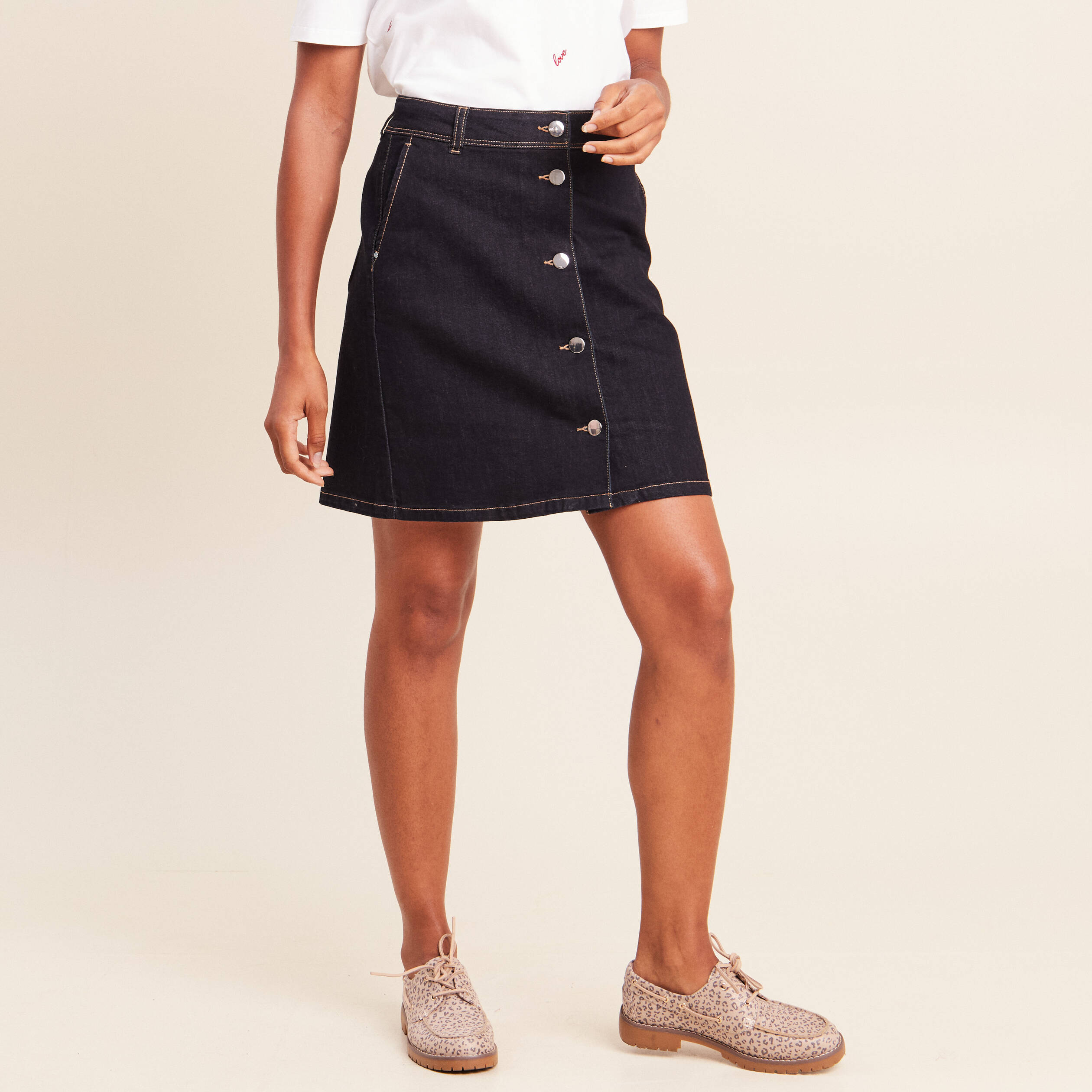 Jupe courte trap&egrave;ze en jean denim brut femme