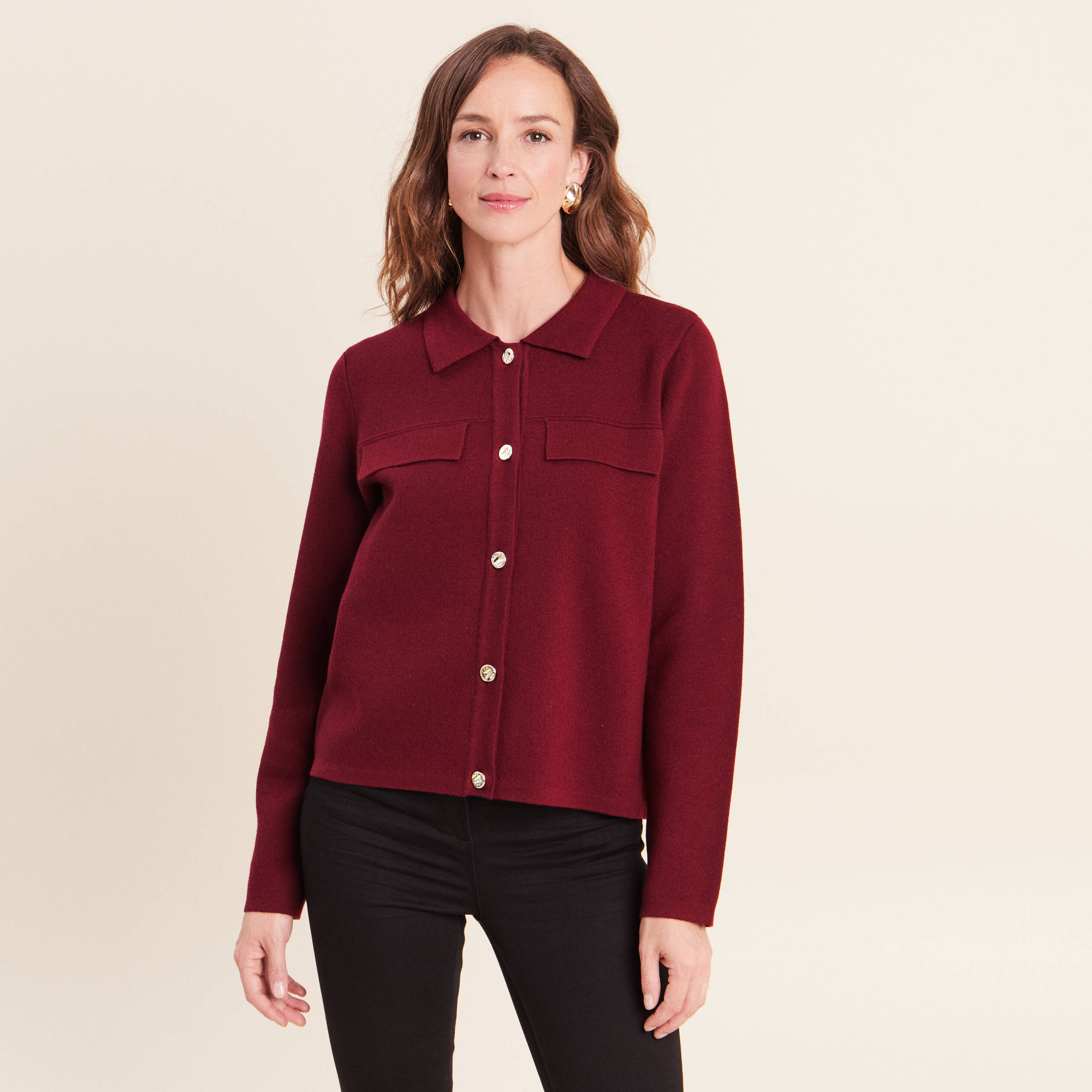 Veste col chemise manches longues bordeaux femme