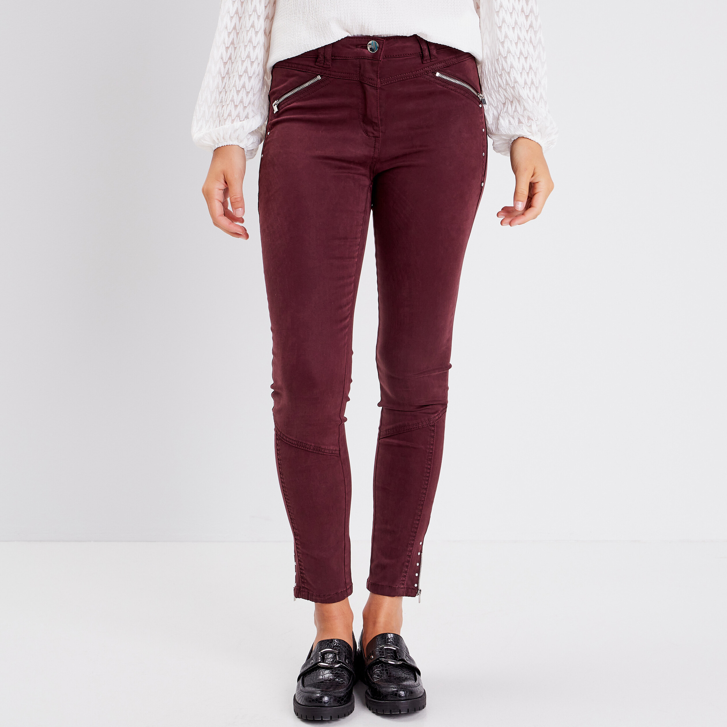 Pantalon slim taille basculée rouge foncé femme