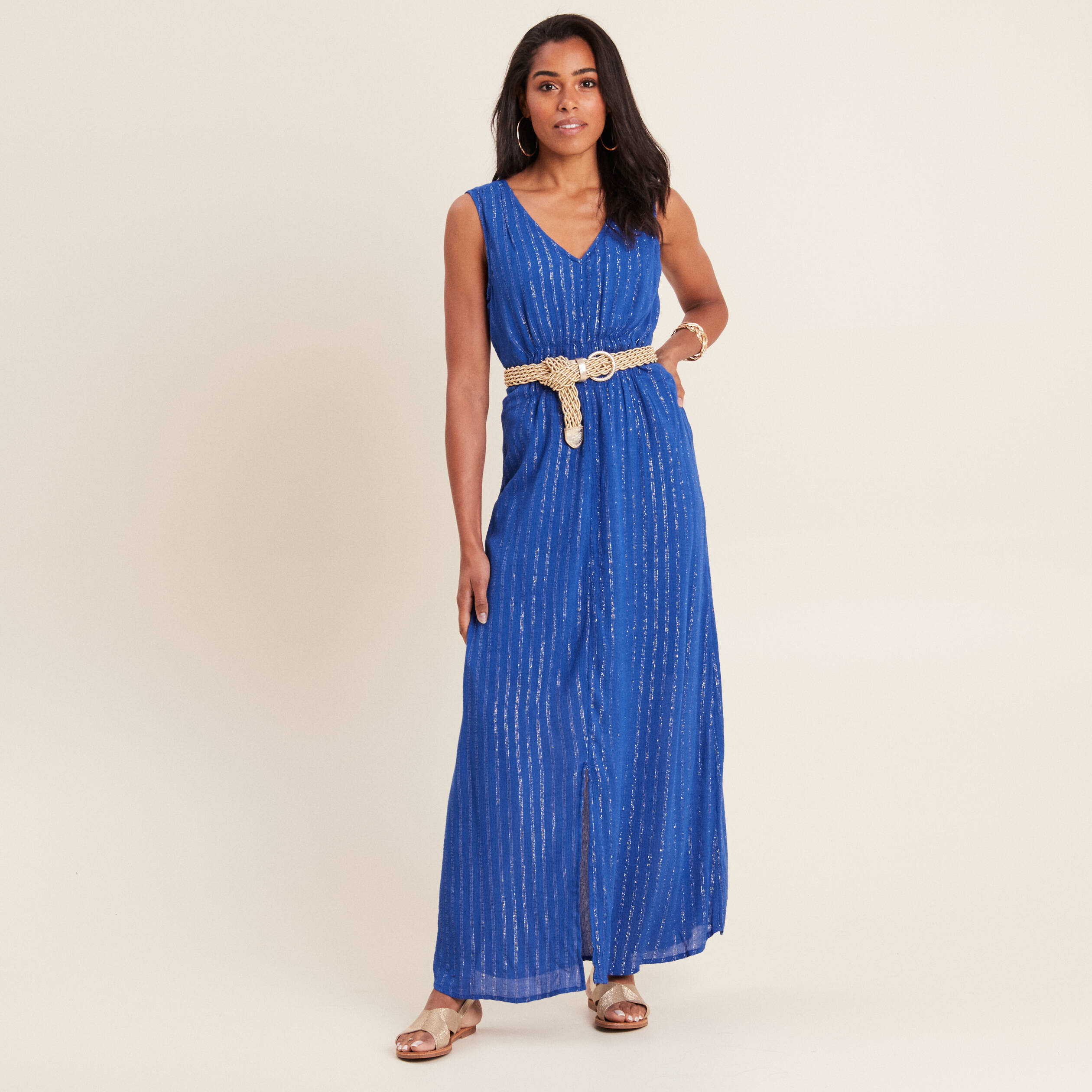 Robe longue évasée bleu electrique femme