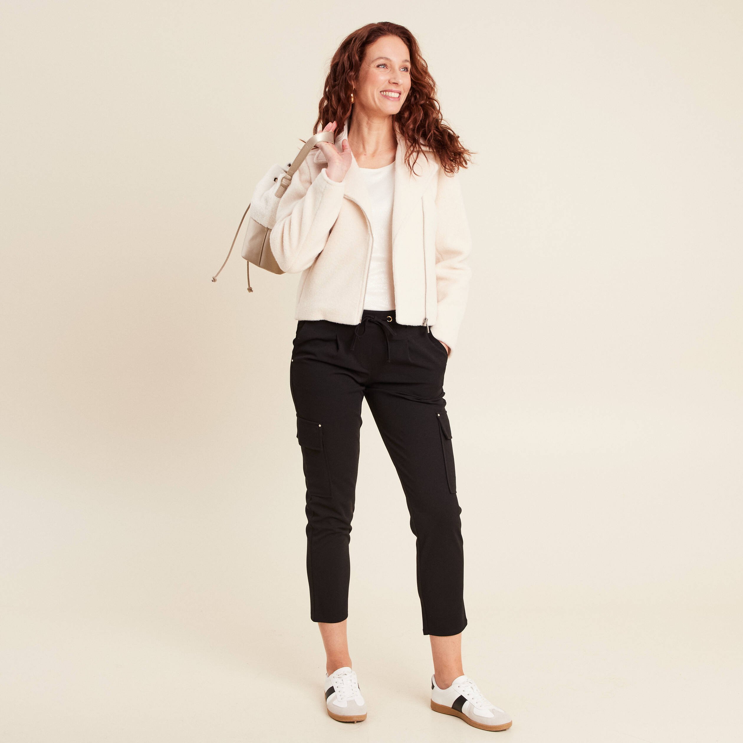 Veste esprit motard bouclette ecru femme
