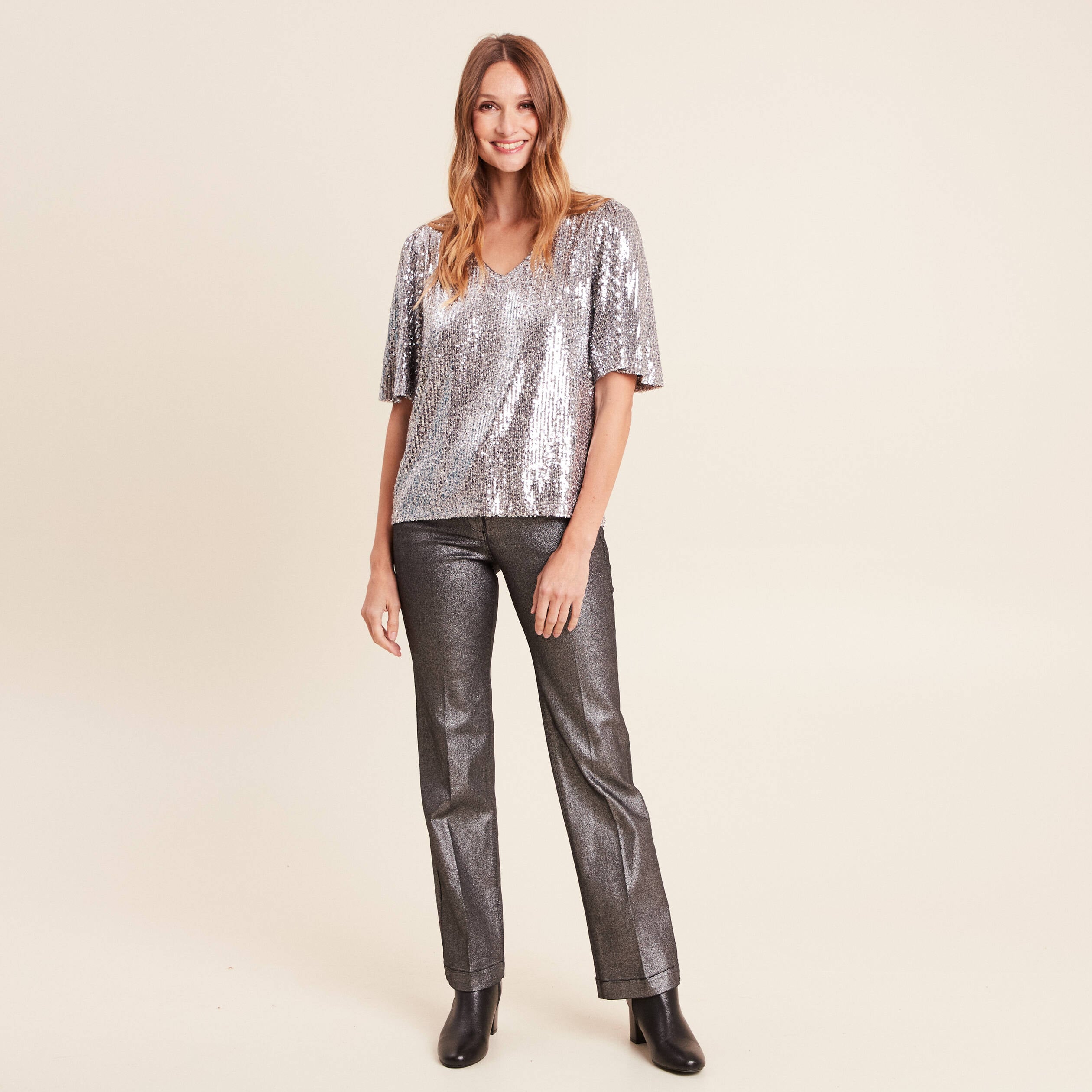 Pantalon enduit coupe large couleur argent femme