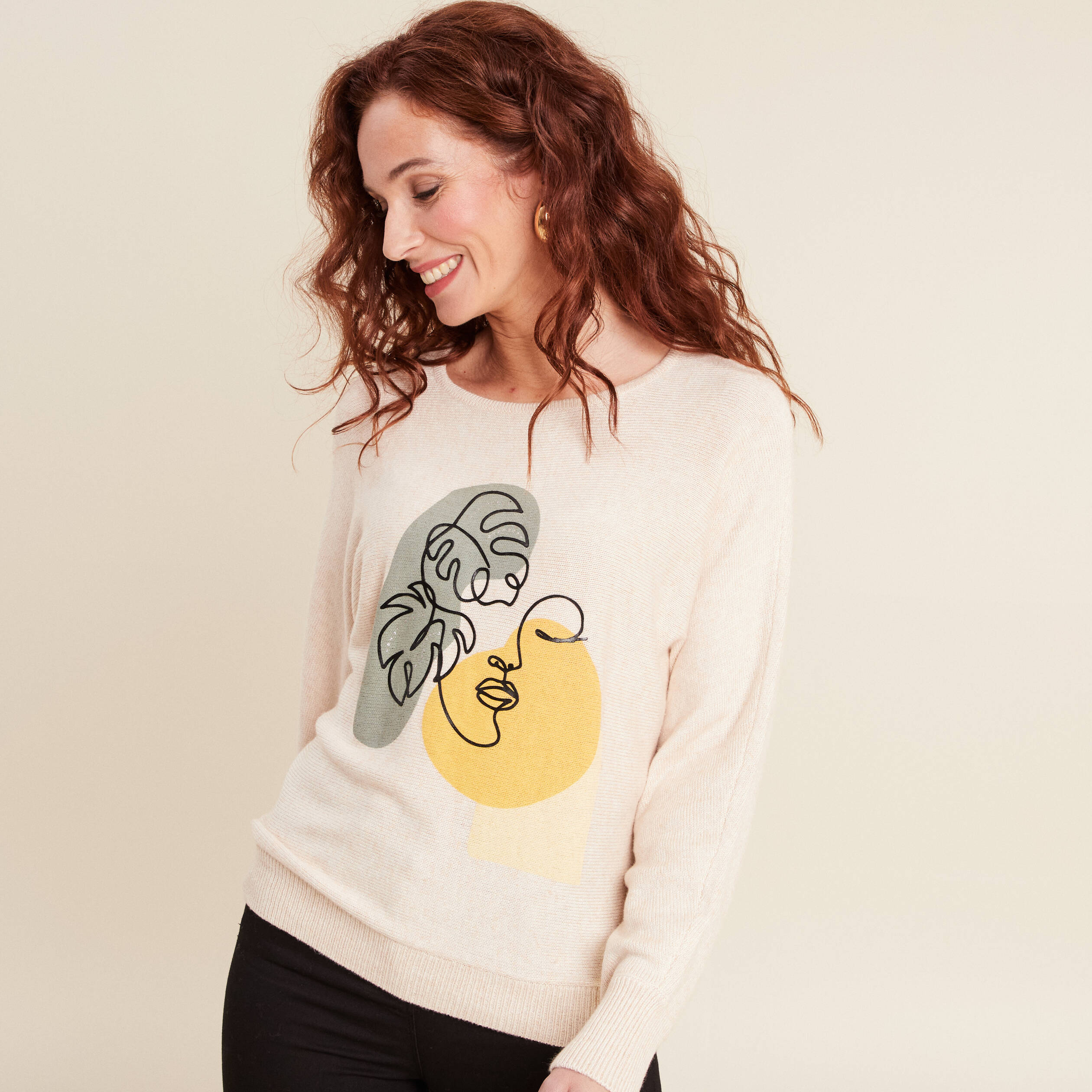 Pull manches longues creme femme