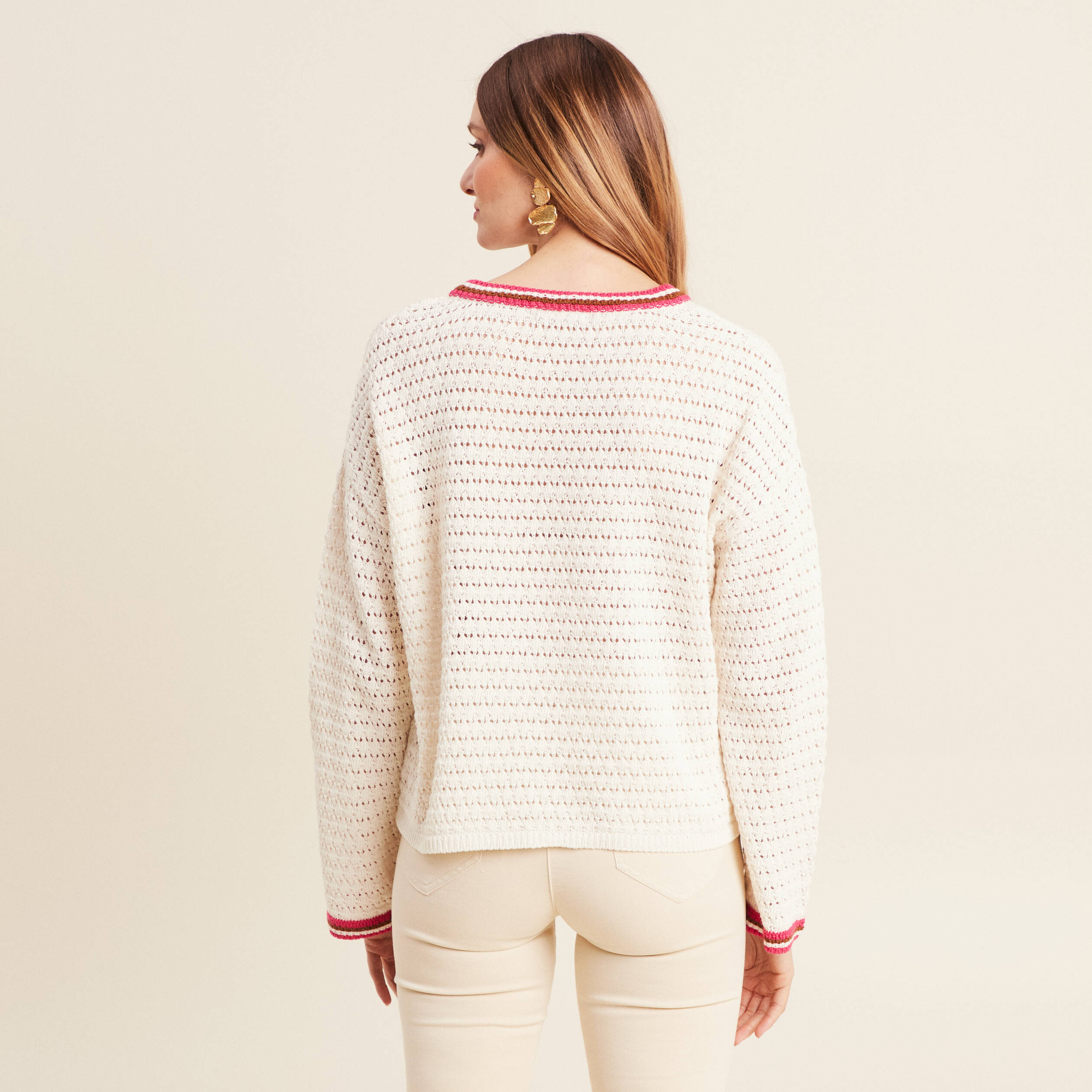 Pull manches longues ajouré ecru femme