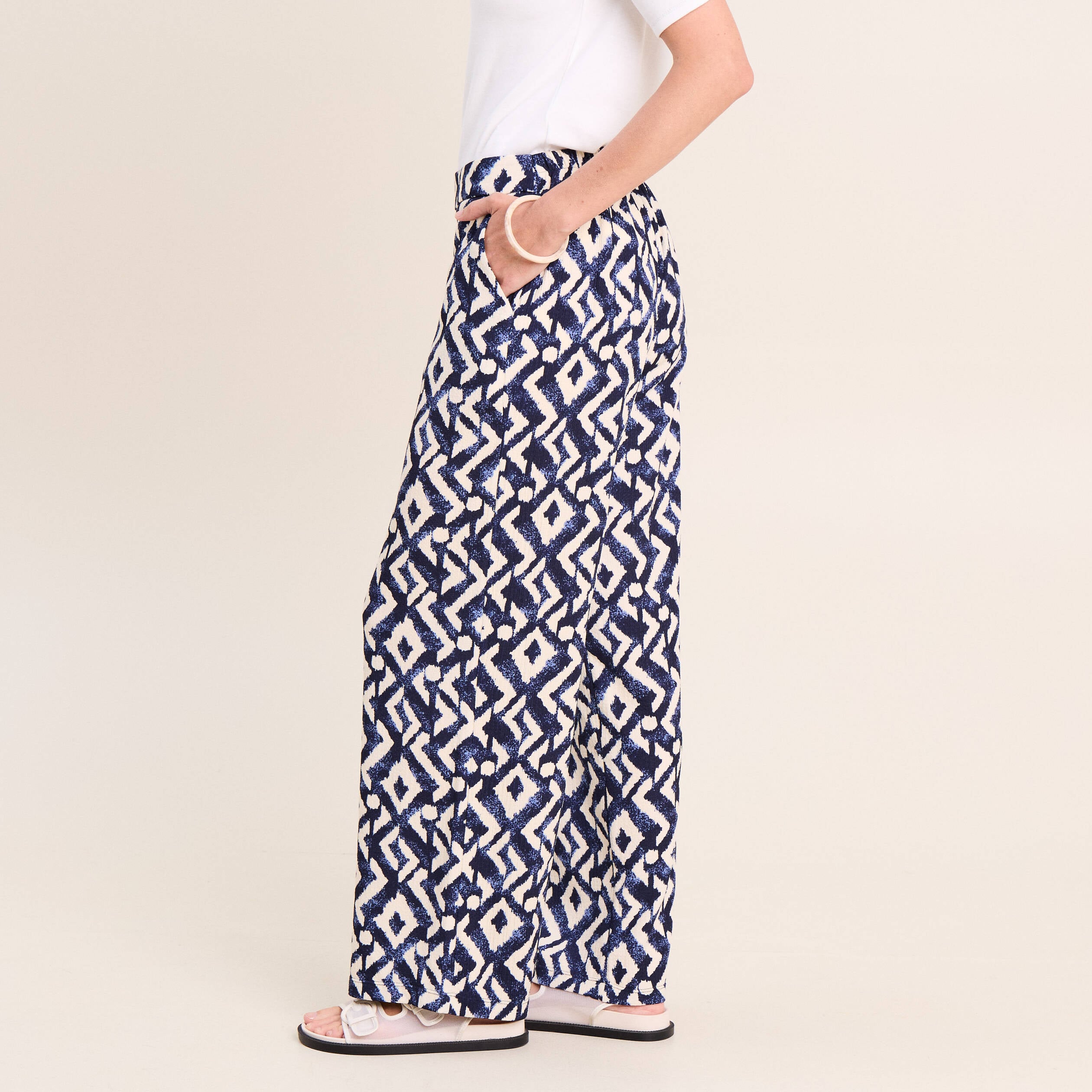 Pantalon large taille haute bleu femme