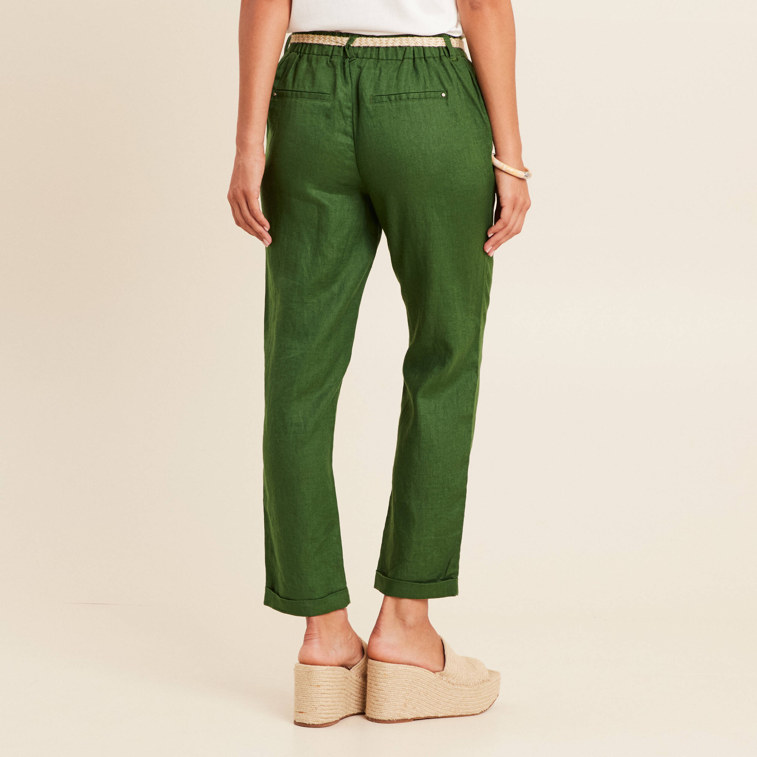 pantalon flou ceinture vert fonce femme Pantalon flou ceinturé vert foncé femme
