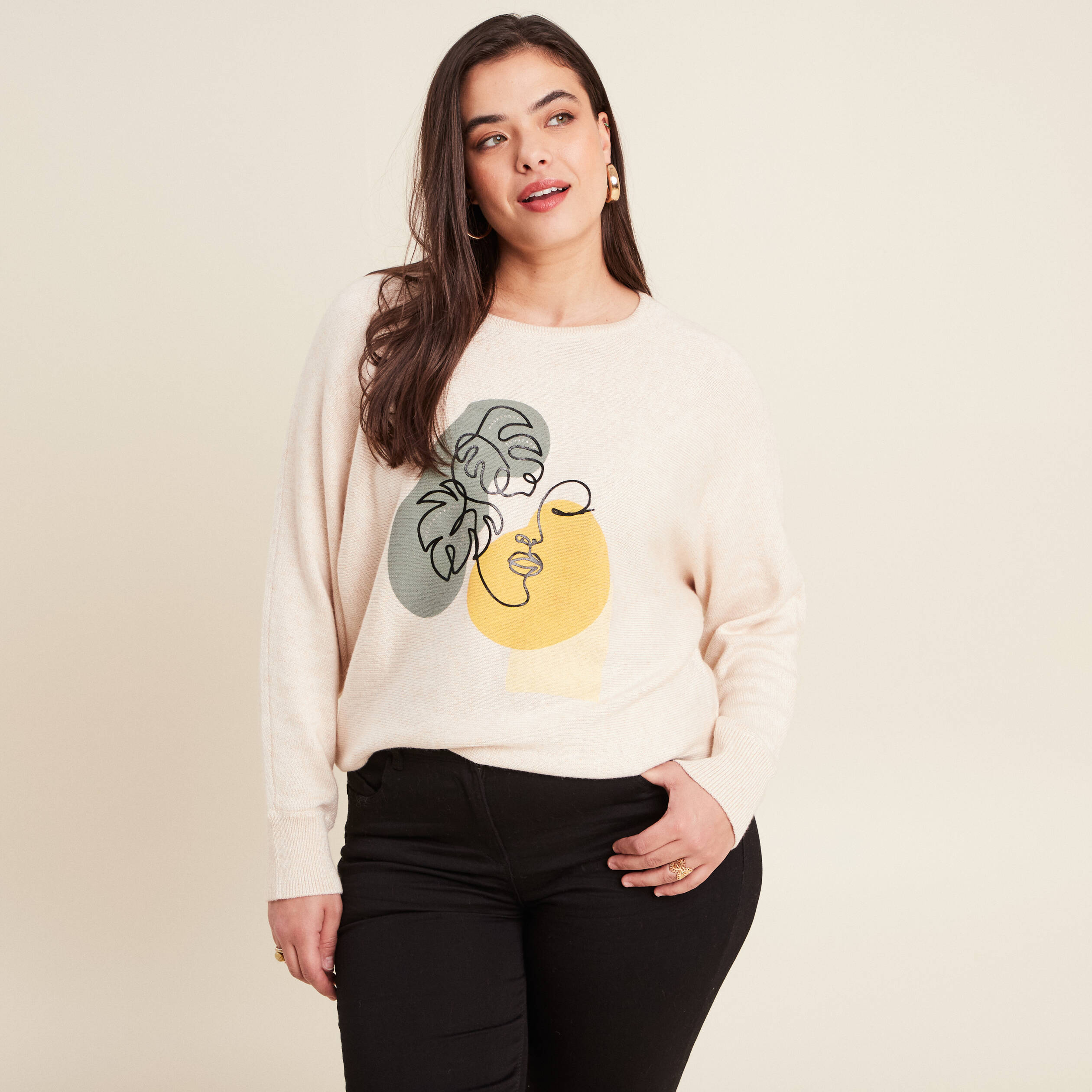 Pull manches longues creme femme