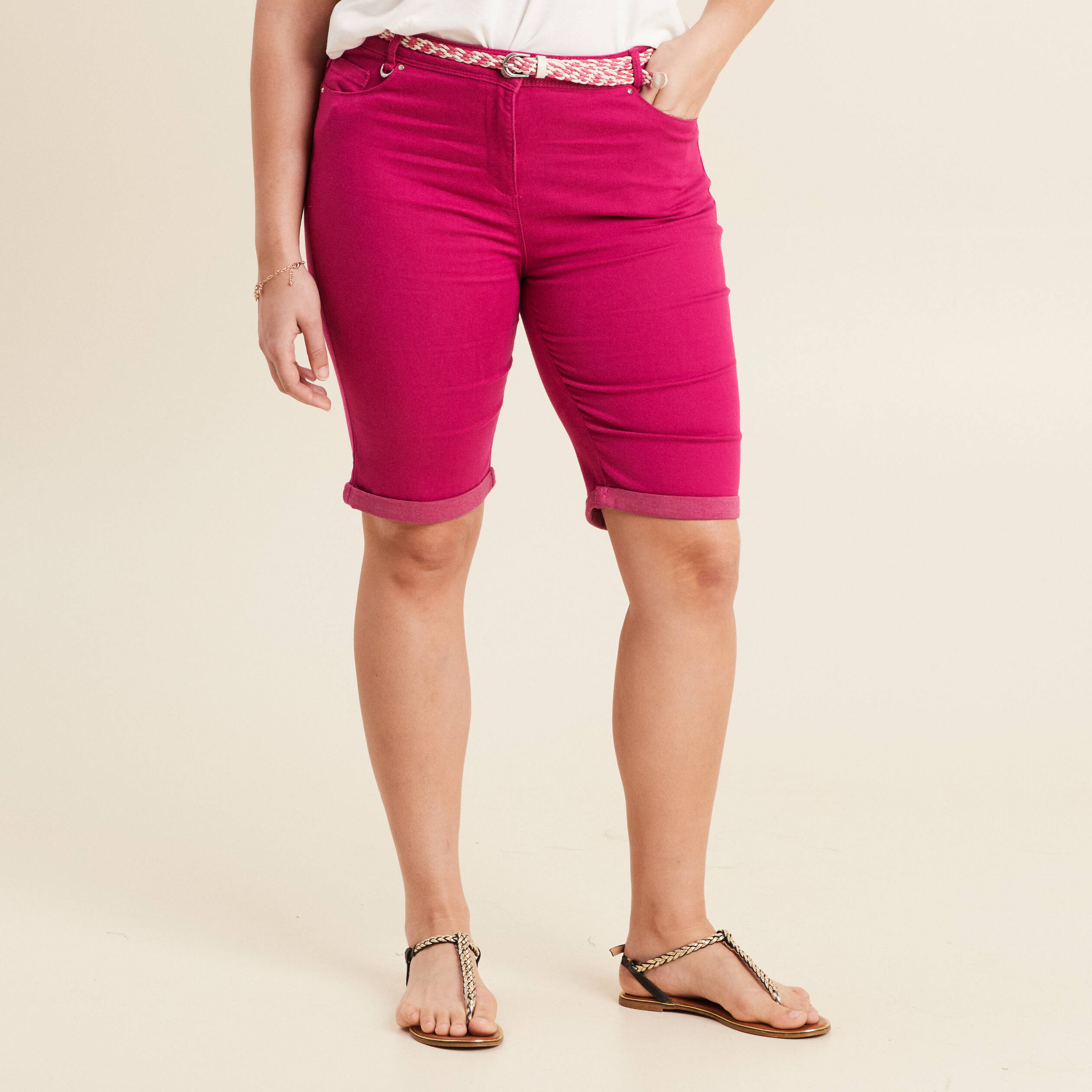 Bermuda ajusté ceinturé rose fushia femme