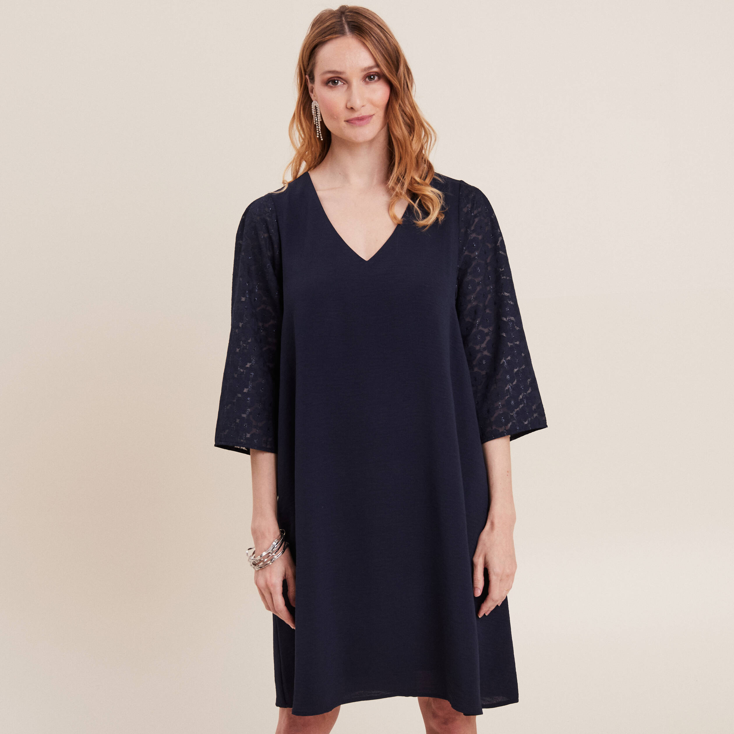 Robe évasée manches 3/4 bleu marine femme
