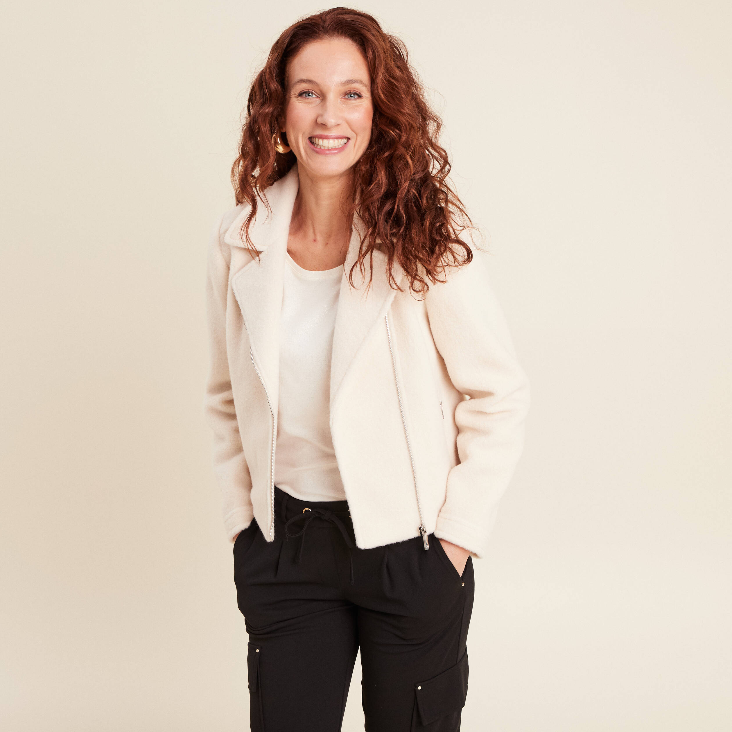 Veste esprit motard bouclette ecru femme