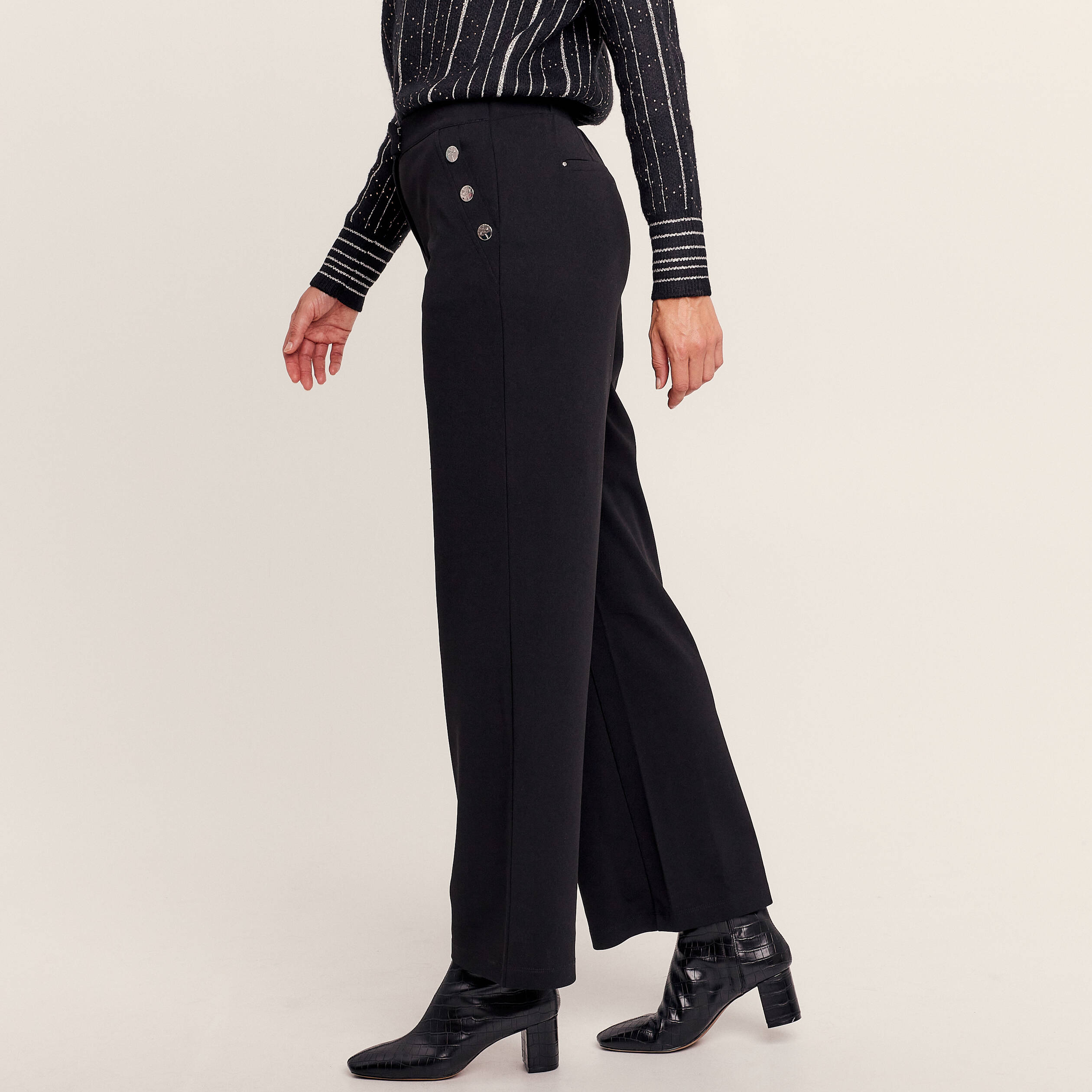 Pantalon large fluide à pont noir femme