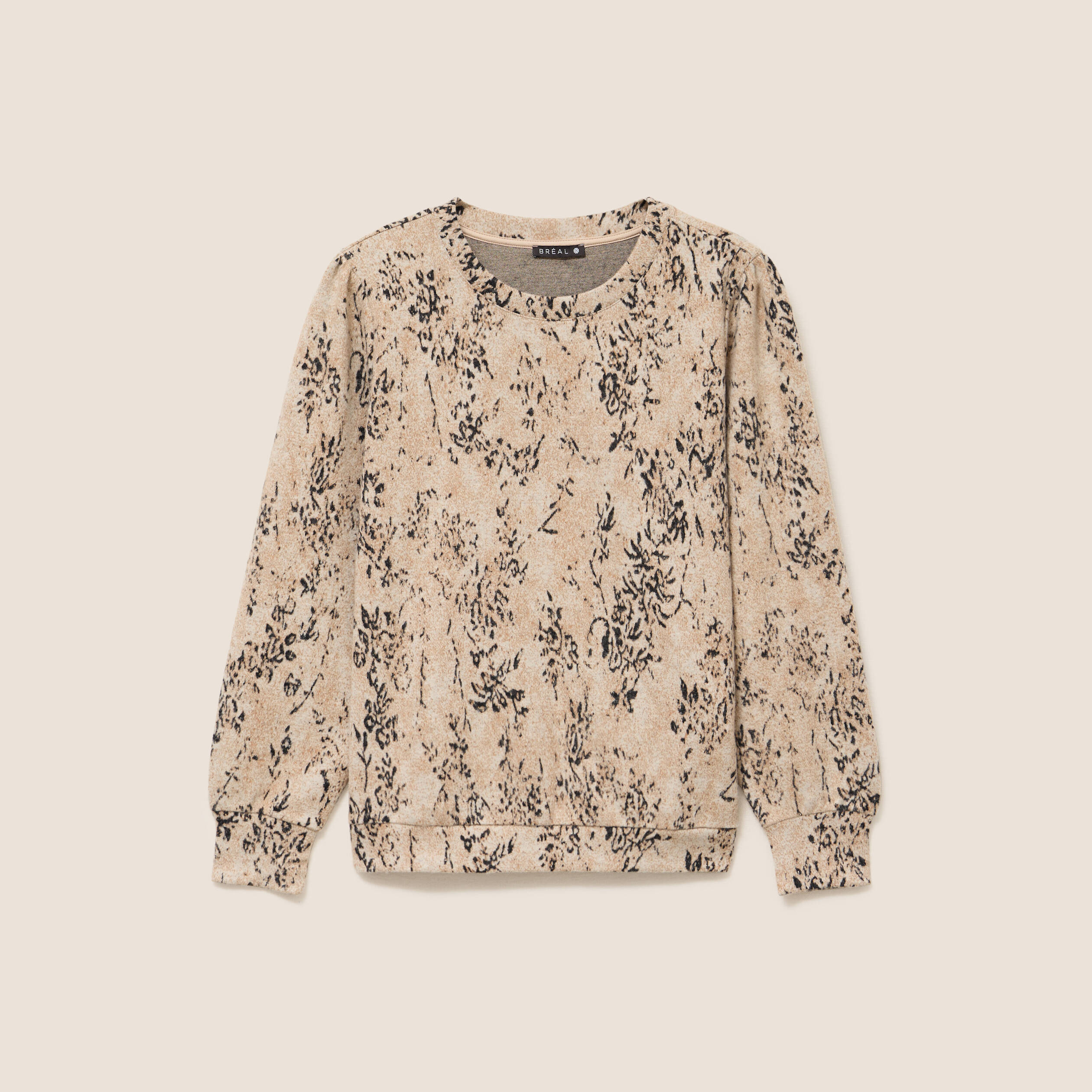 T-shirt court col rond manches longues beige femme