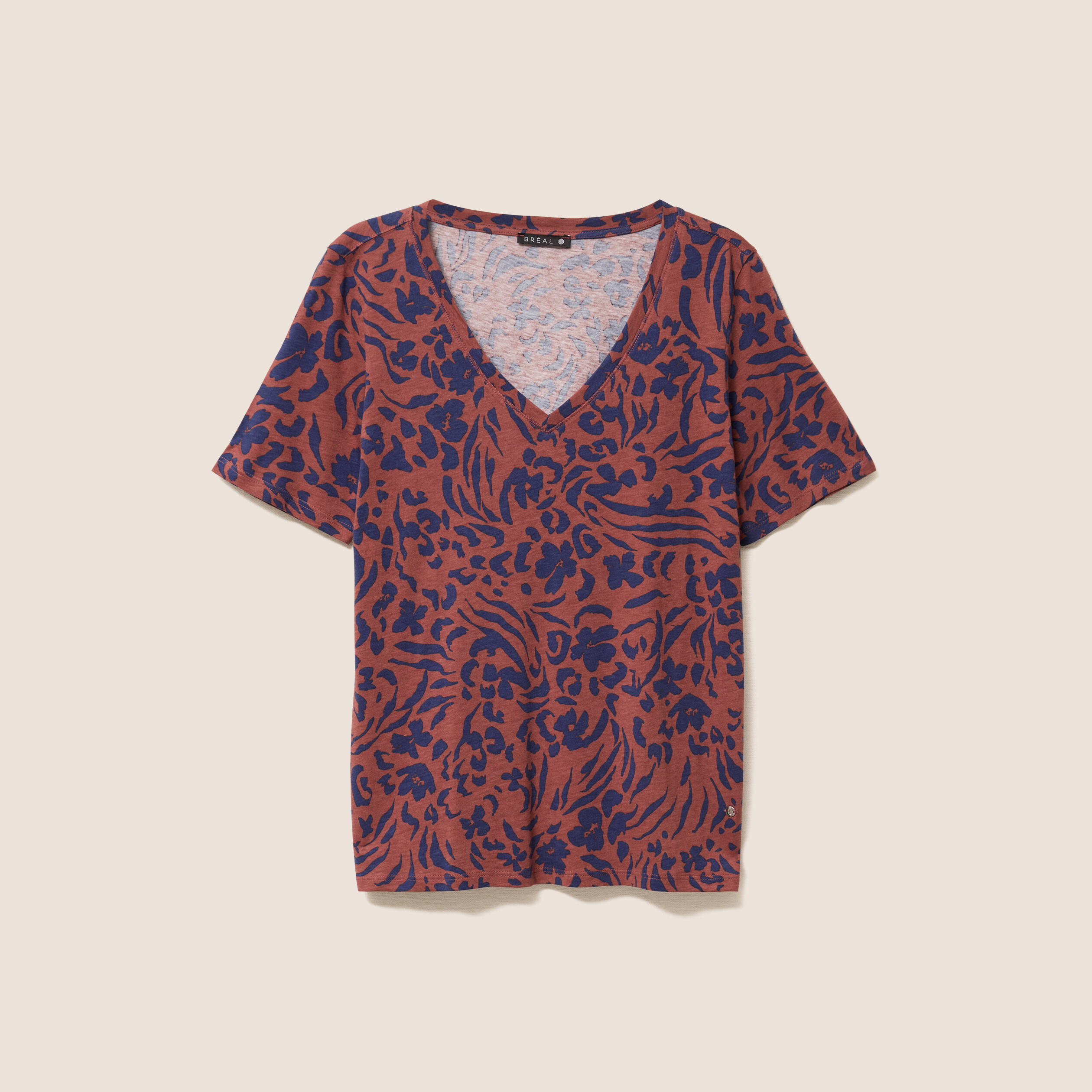 T-shirt col V manches courtes marron femme