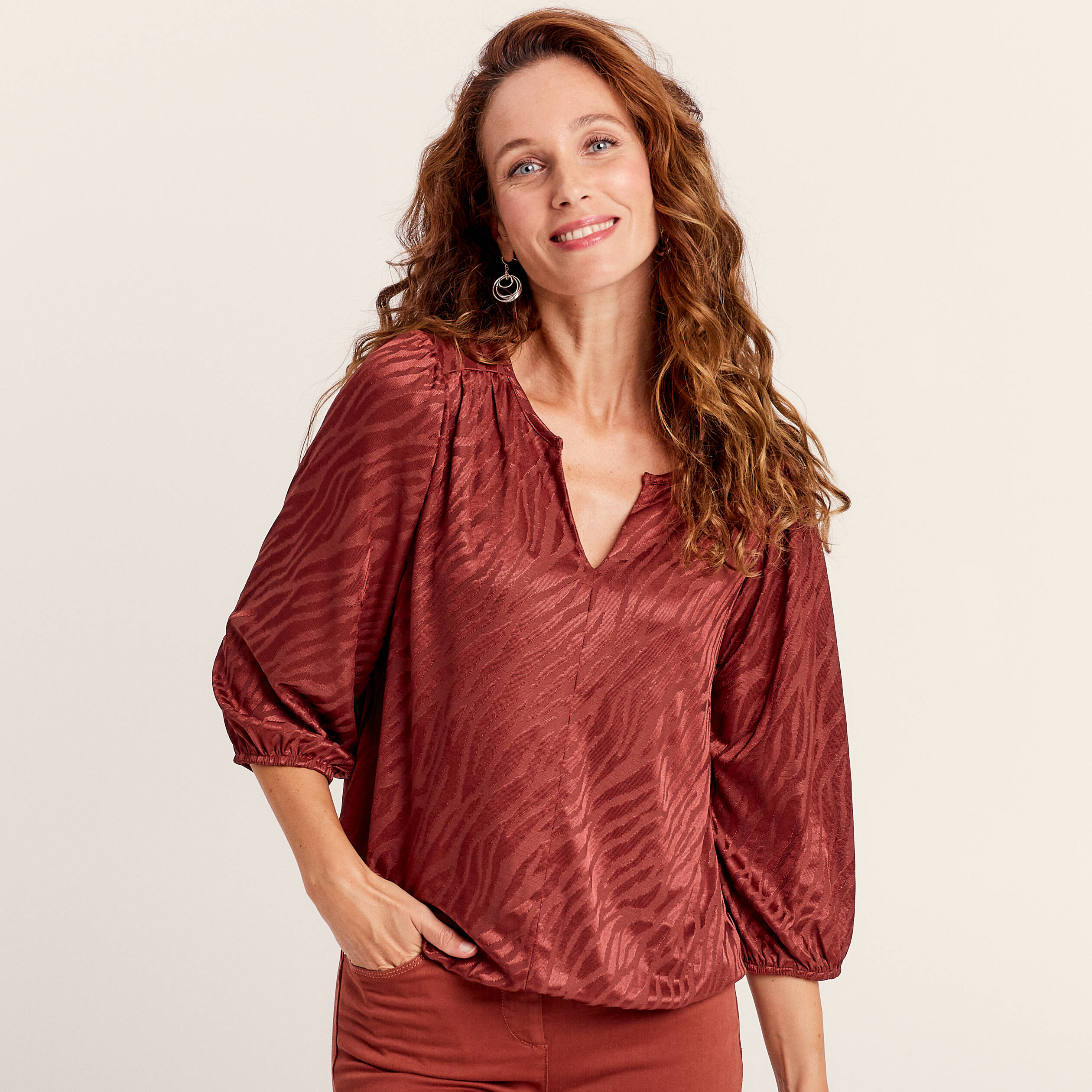 T-shirt manches 3/4 marron cognac femme