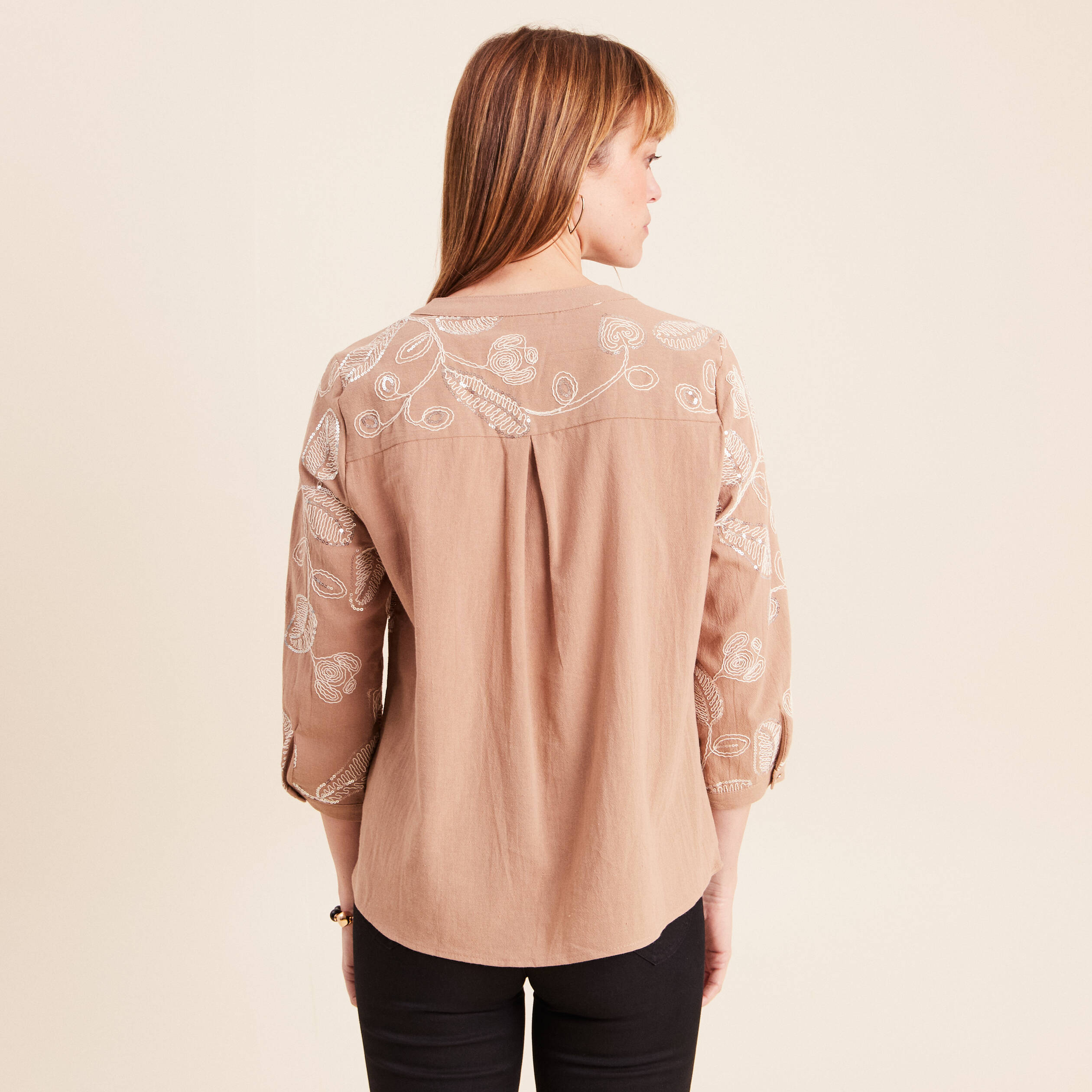 Blouse col tunisien manches 3/4 beige femme