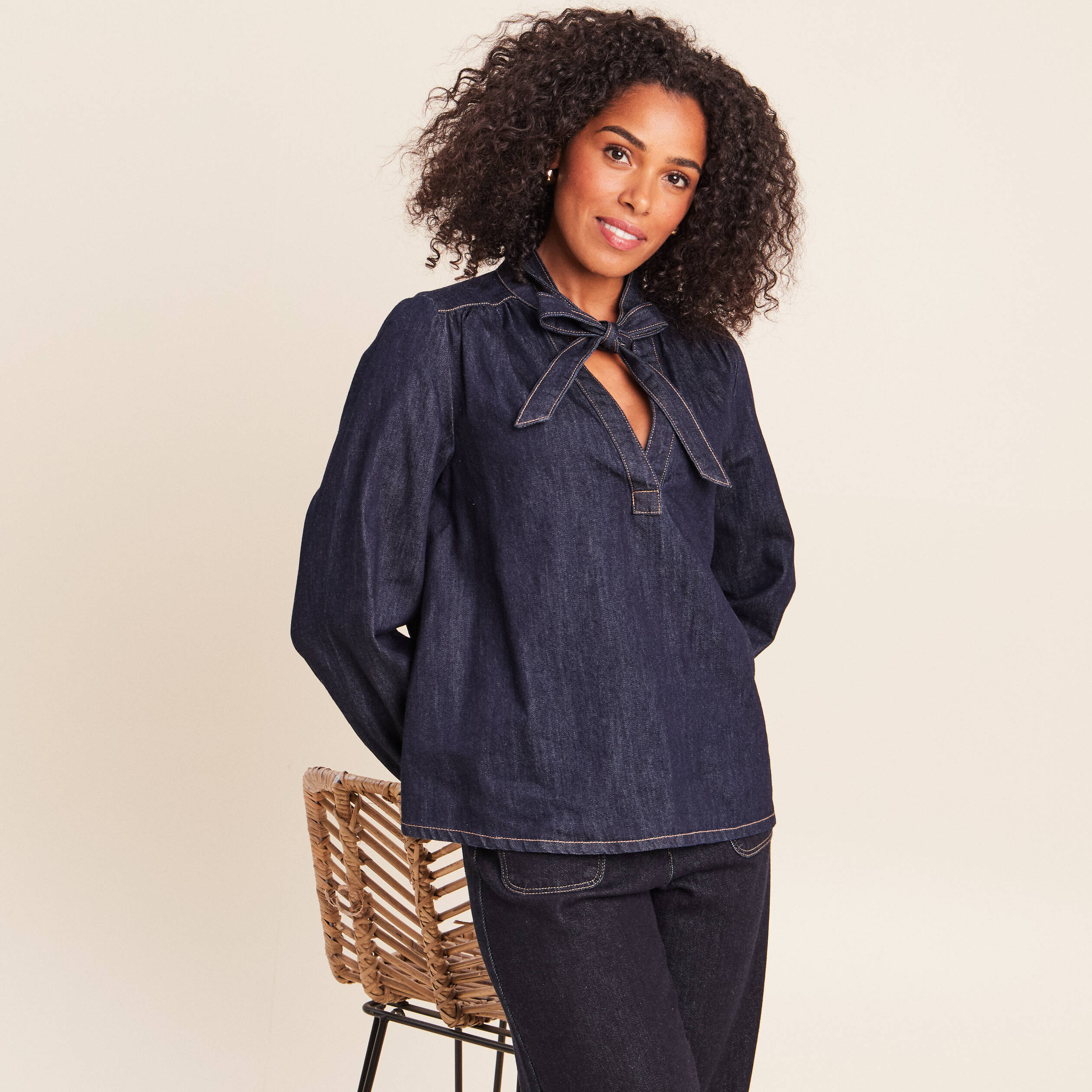 Blouse denim col &agrave; nouer denim brut femme