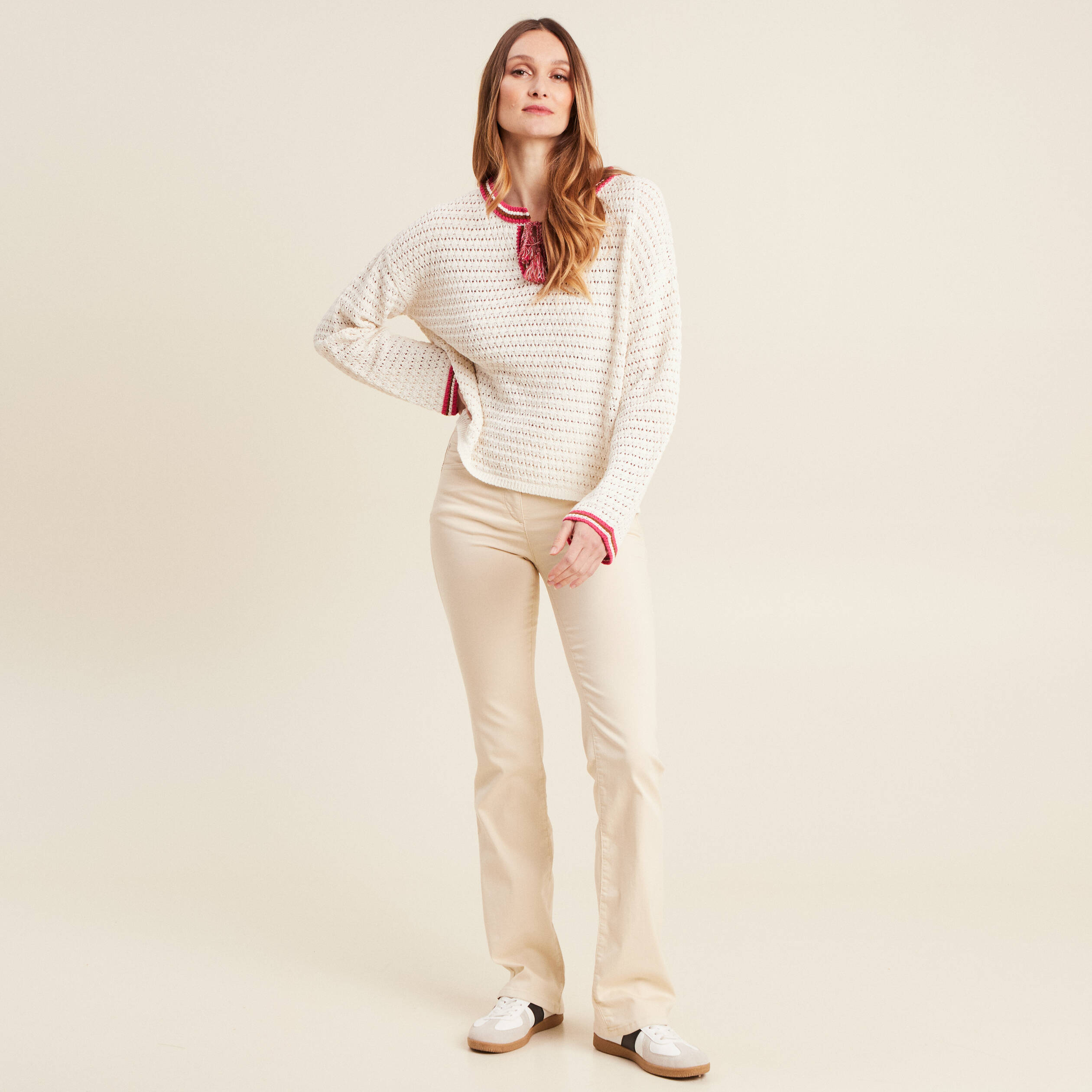 Pantalon léger bootcut taille basculée ivoire femme