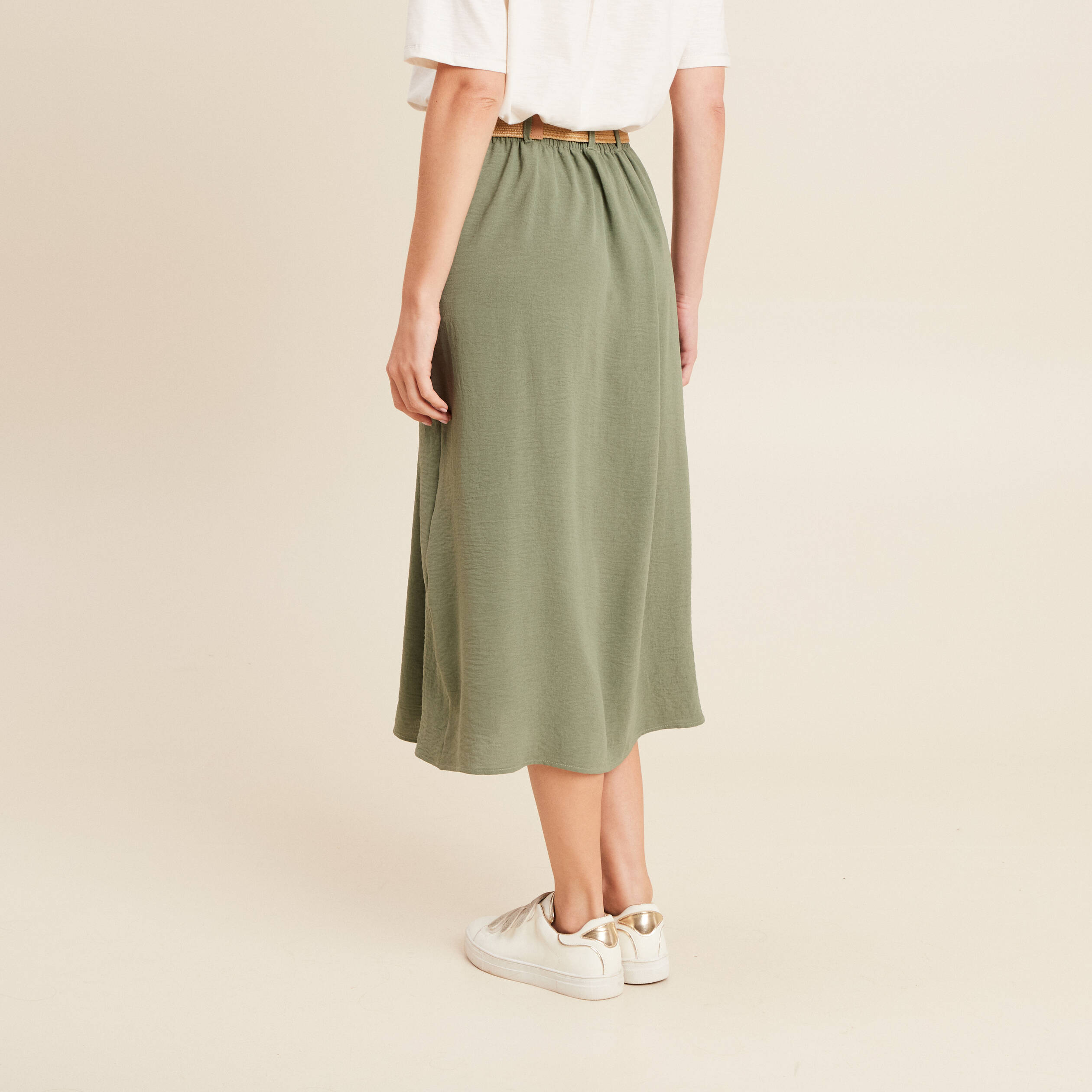 jupe longue evasee ceinturee vert kaki femme Jupe longue évasée ceinturée vert kaki femme