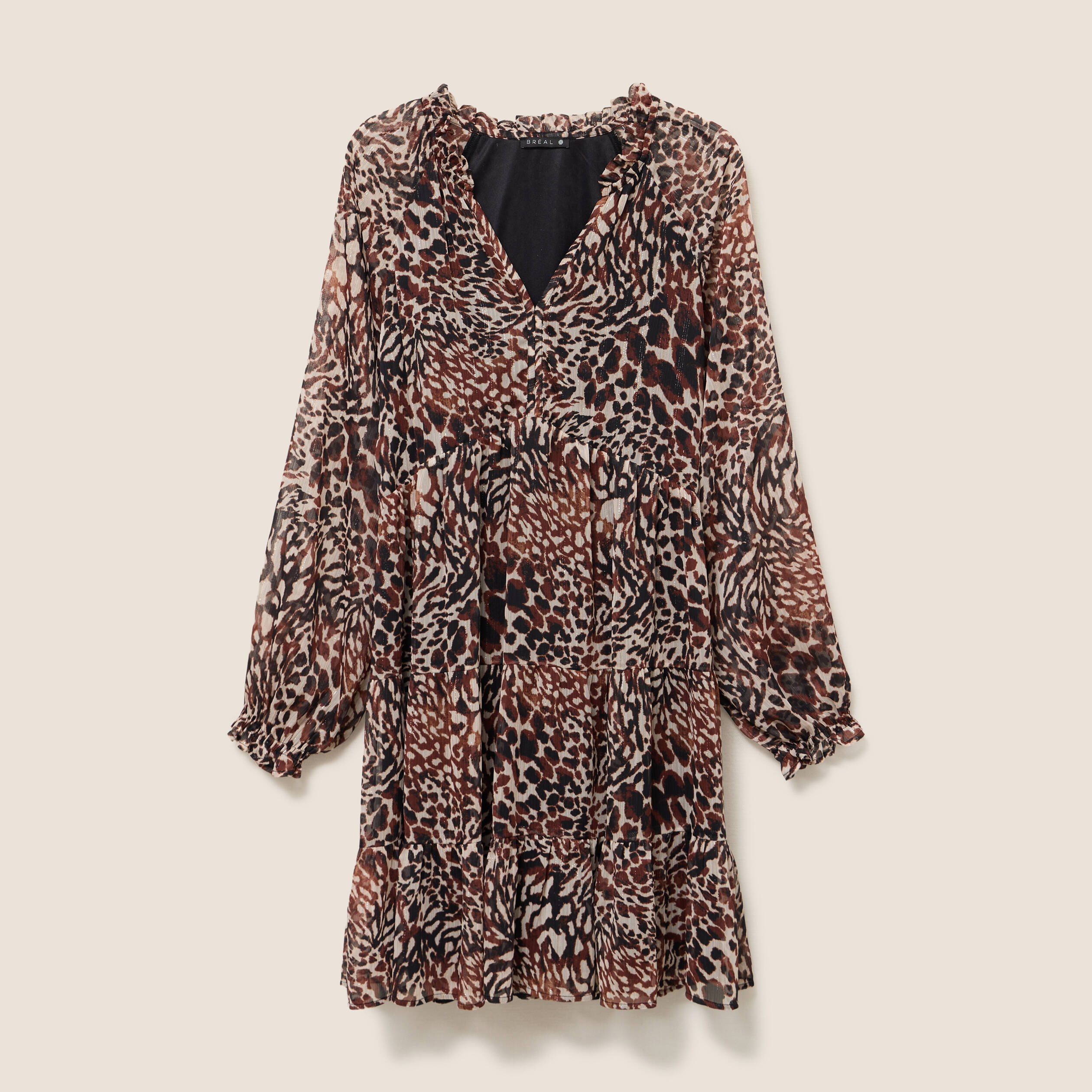 Robe courte évasée col v manches longues marron femme Bréal