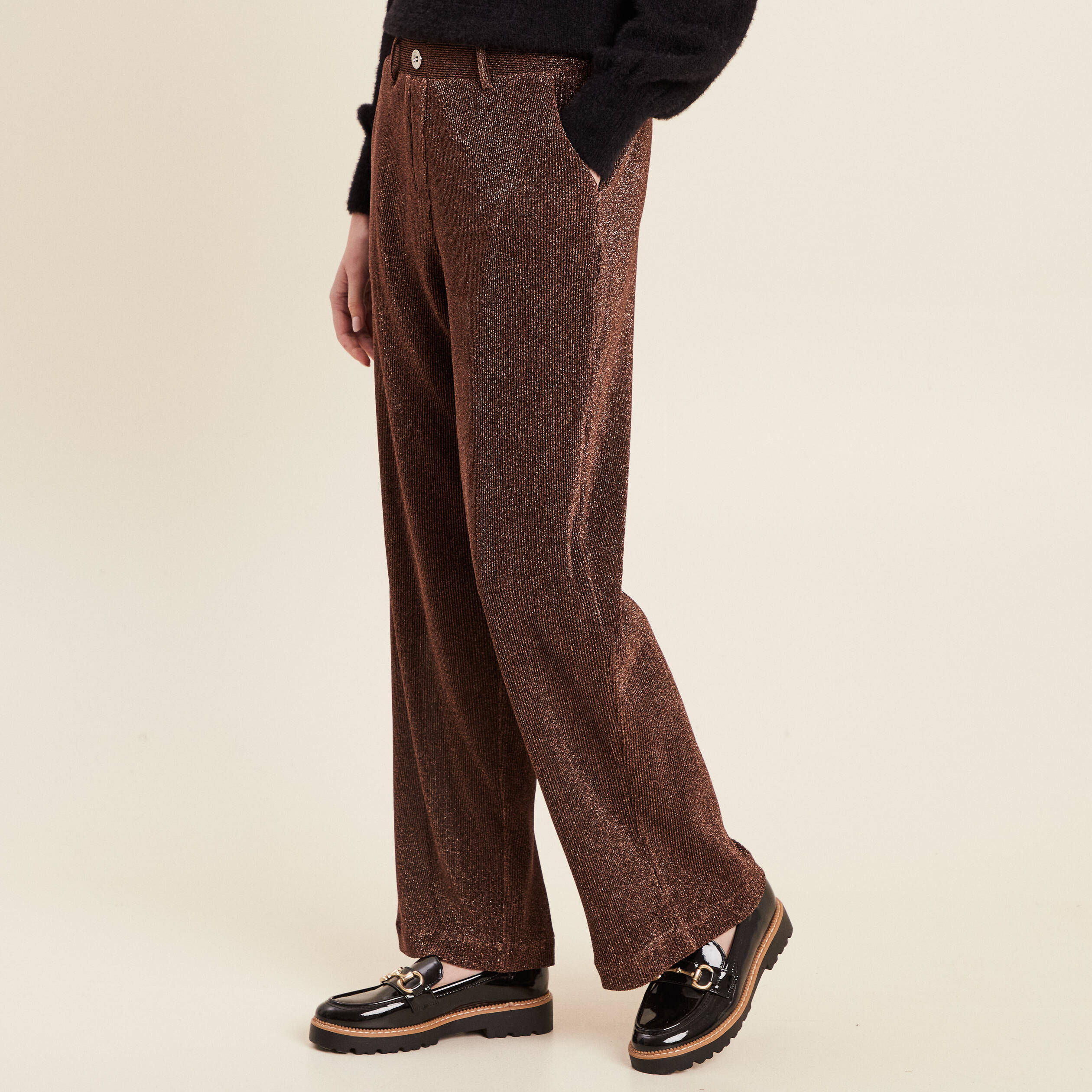 Pantalon flou effet tricoté couleur cuivre femme