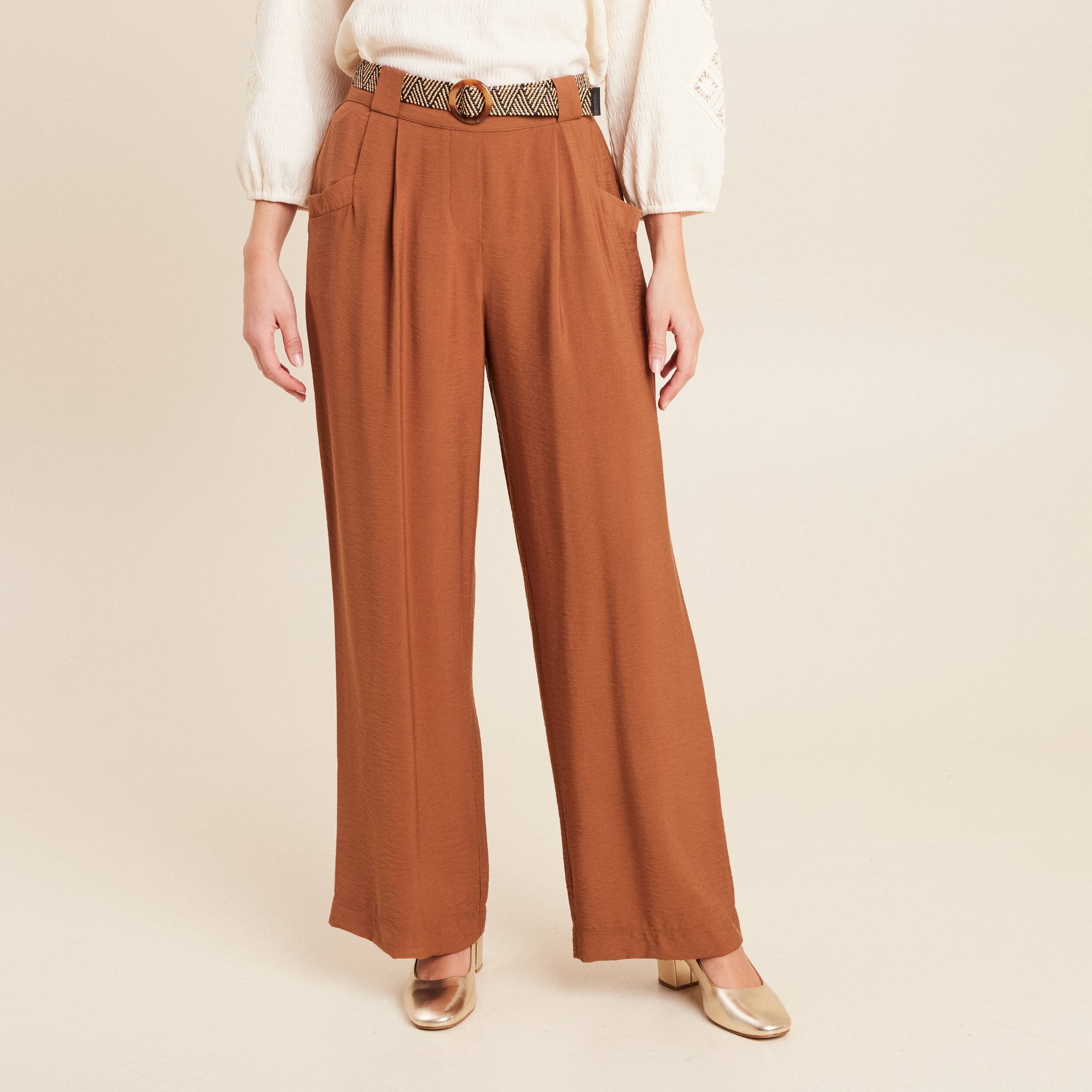 pantalon large avec ceinture amovible marron femme Pantalon large avec ceinture amovible marron femme