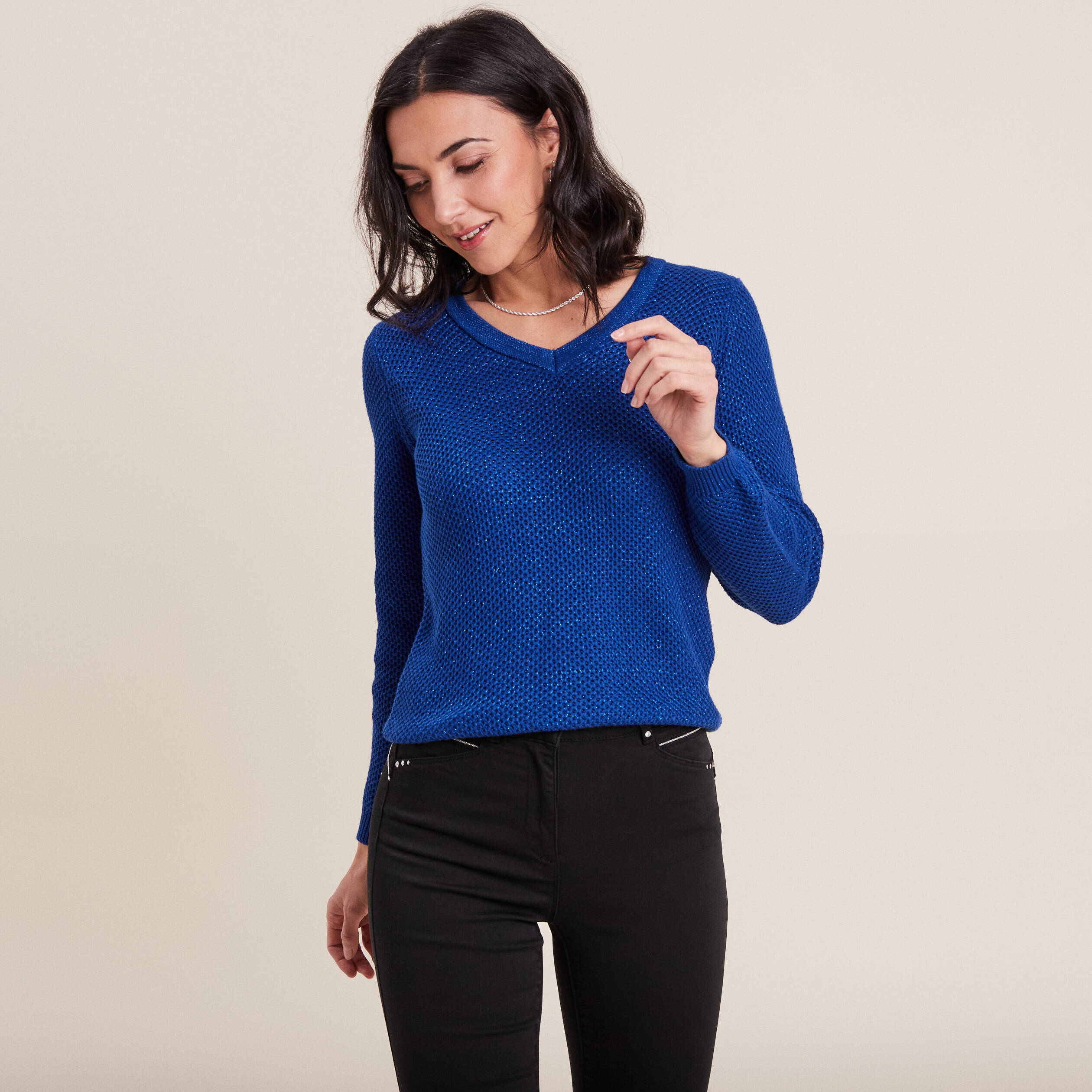 Pull Homme Col V Bleu Nuit REDMOND - 100% Coton, Manches Longues - Coupe Casual Décontractée