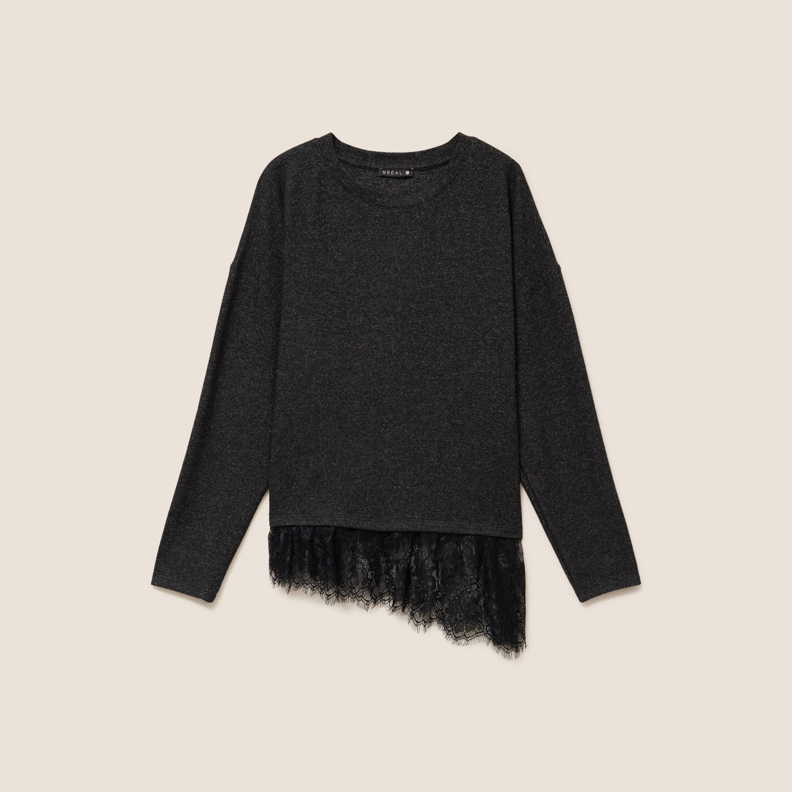 Pull col rond manches longues dentelle gris fonc&eacute; femme