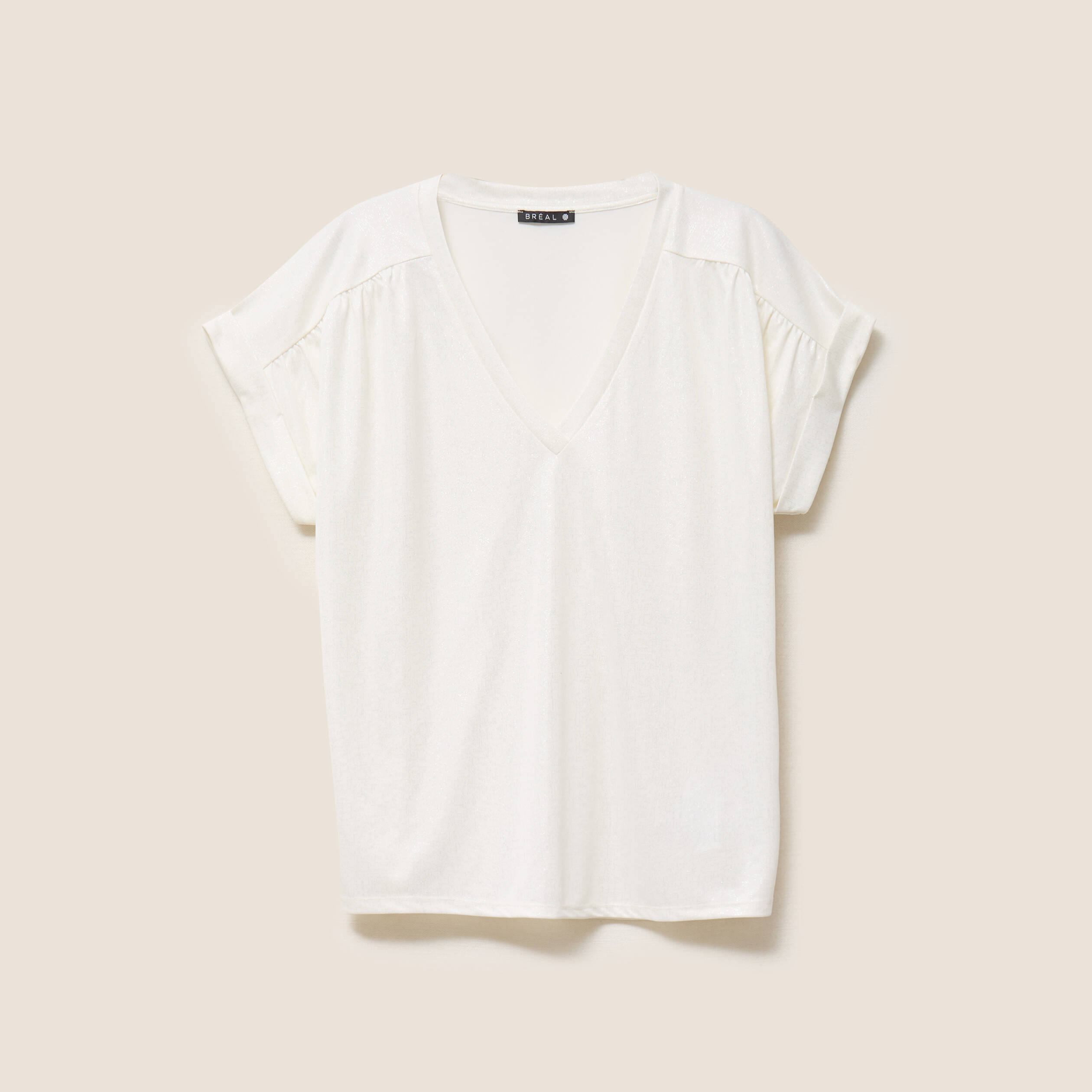 T-shirt col v manches courtes brillant ecru femme