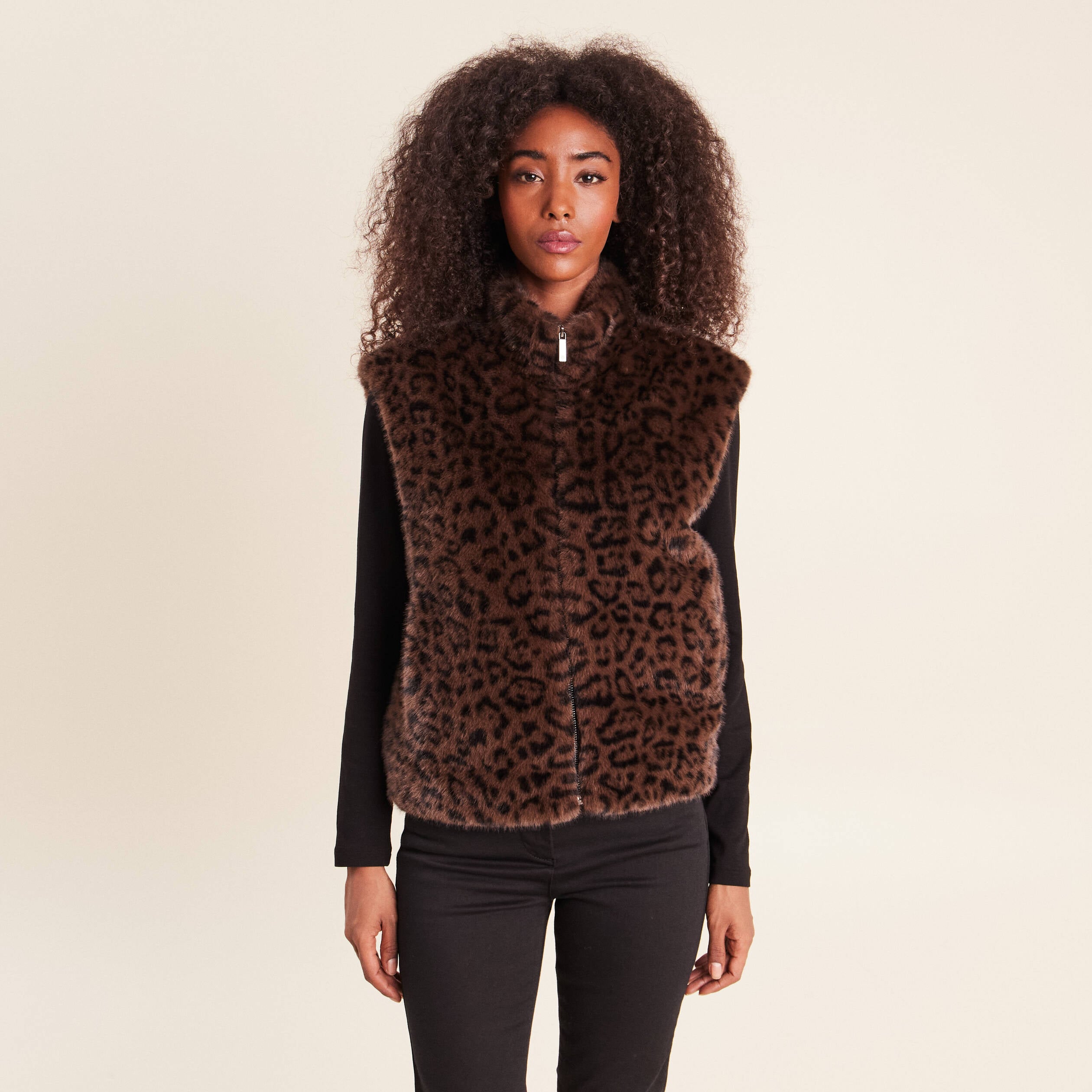 Veste col montant doubl&eacute;e marron femme
