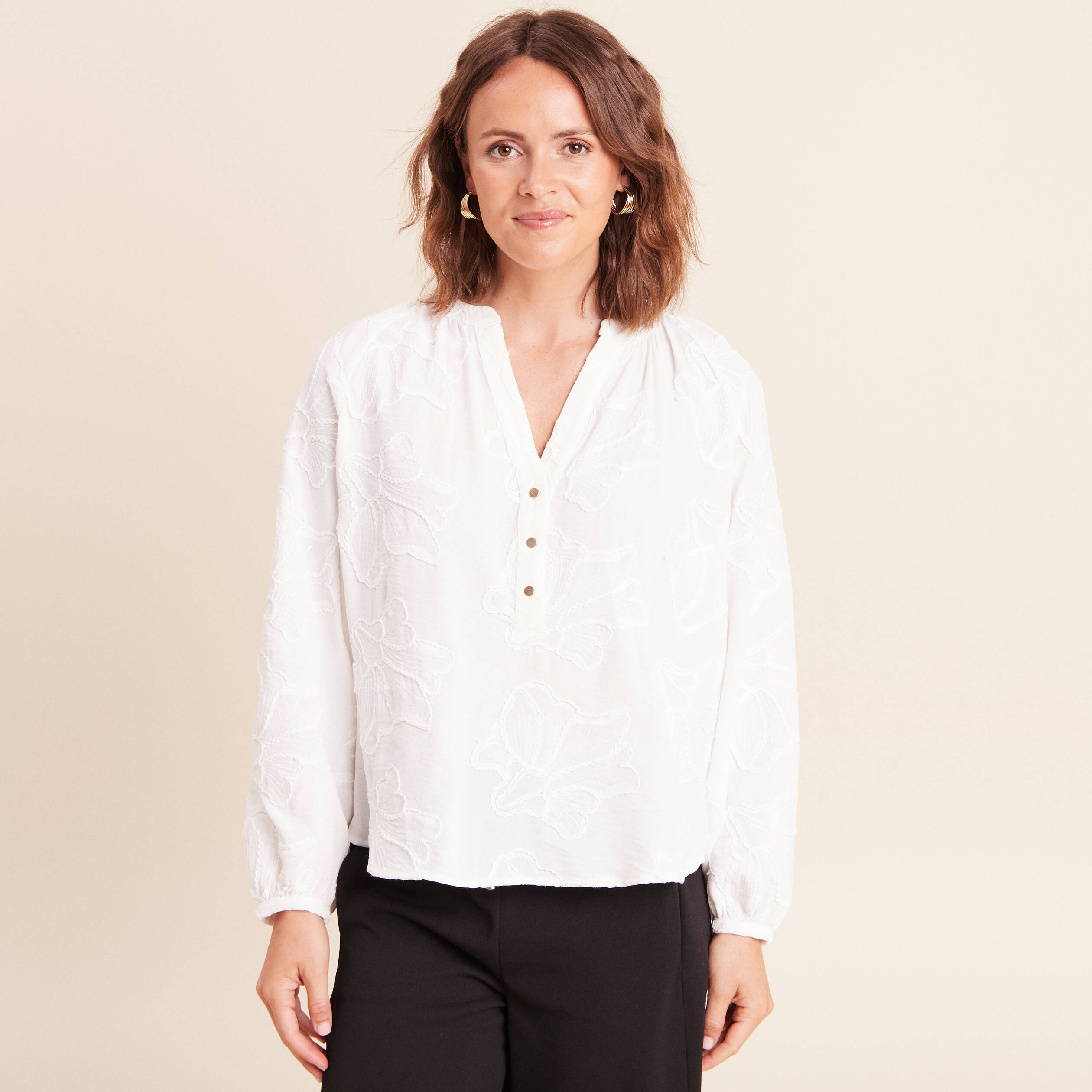 Blouse ample manches longues fluide ecru femme